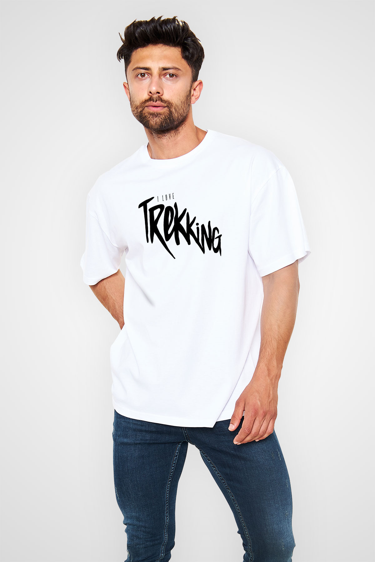 Doğa Yürüyüşü Baskılı Unisex Beyaz Oversize Tişört - Tshirt