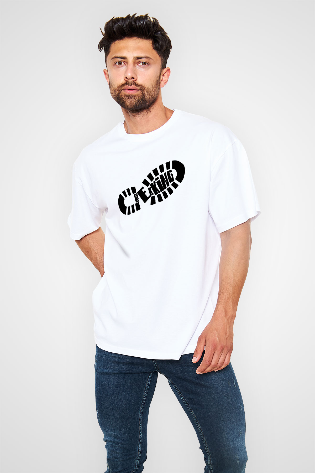 Doğa Yürüyüşü Baskılı Unisex Beyaz Oversize Tişört - Tshirt