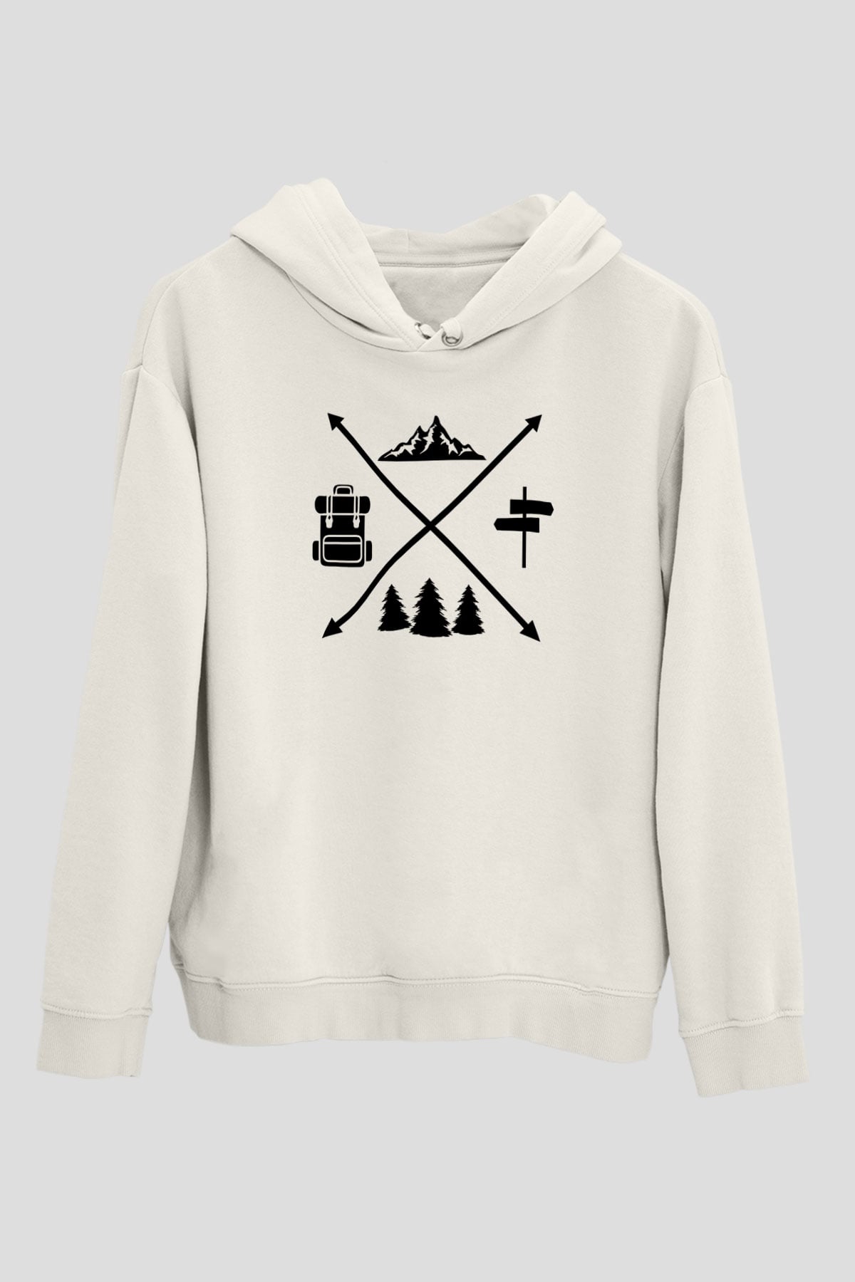 Doğa Yürüyüşü Baskılı Unisex Ekru Hoodie