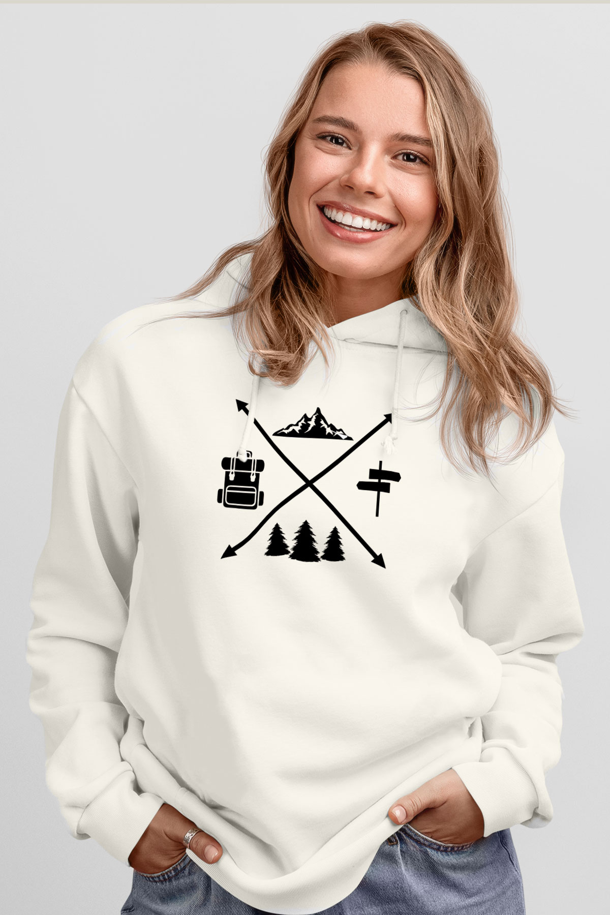 Doğa Yürüyüşü Baskılı Unisex Ekru Hoodie
