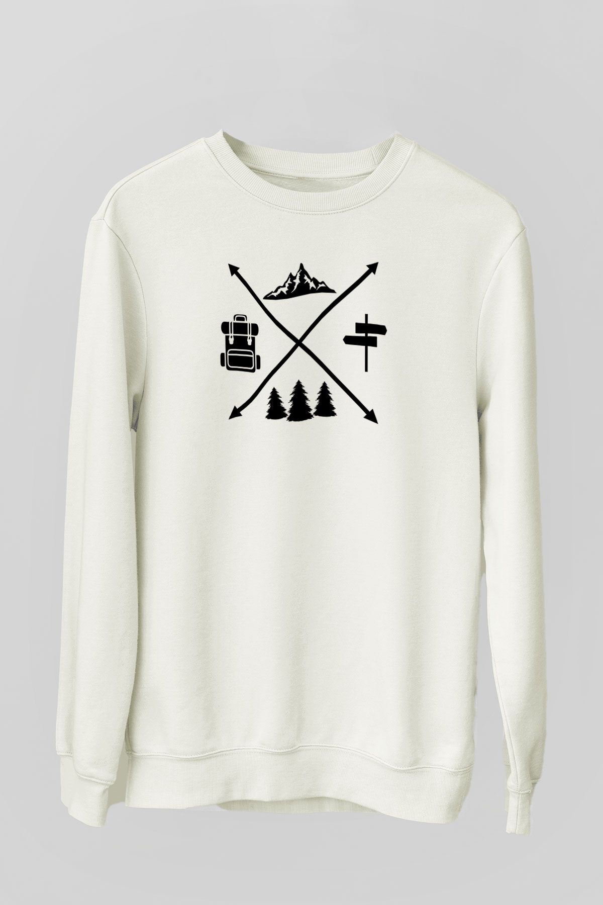 Doğa Yürüyüşü Baskılı Unisex Ekru Sweatshirt
