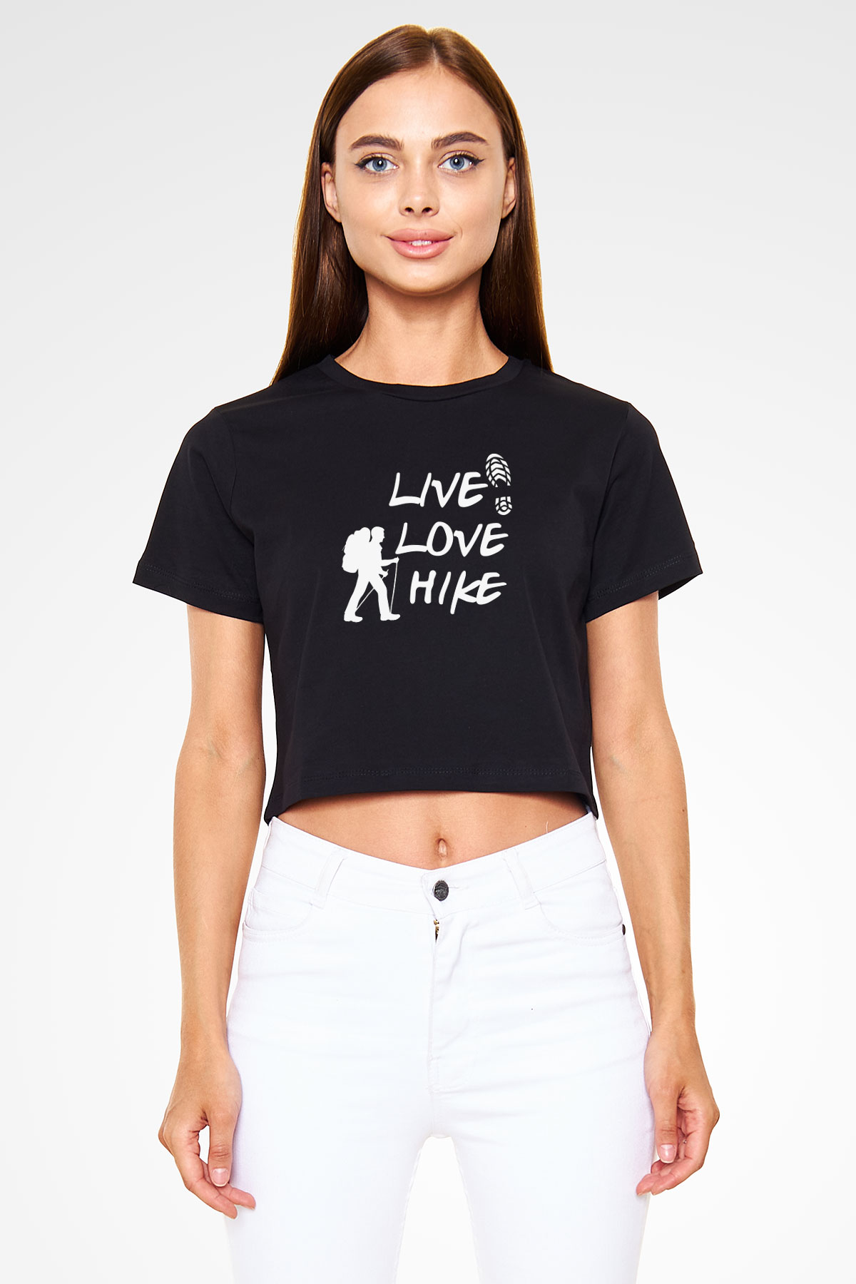 Doğa Yürüyüşü - Trekking Baskılı Crop Top Siyah Kadın Tişört - Tshirt