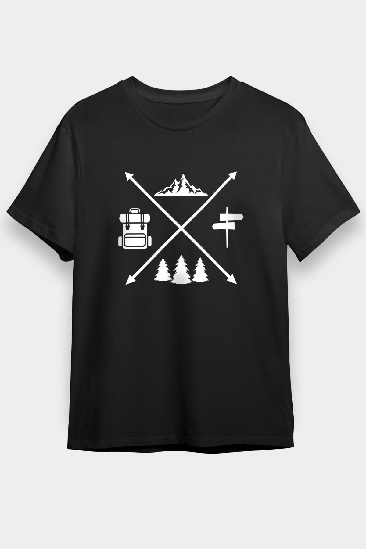 Doğa Yürüyüşü - Trekking Baskılı Unisex Siyah Tişört - Tshirt