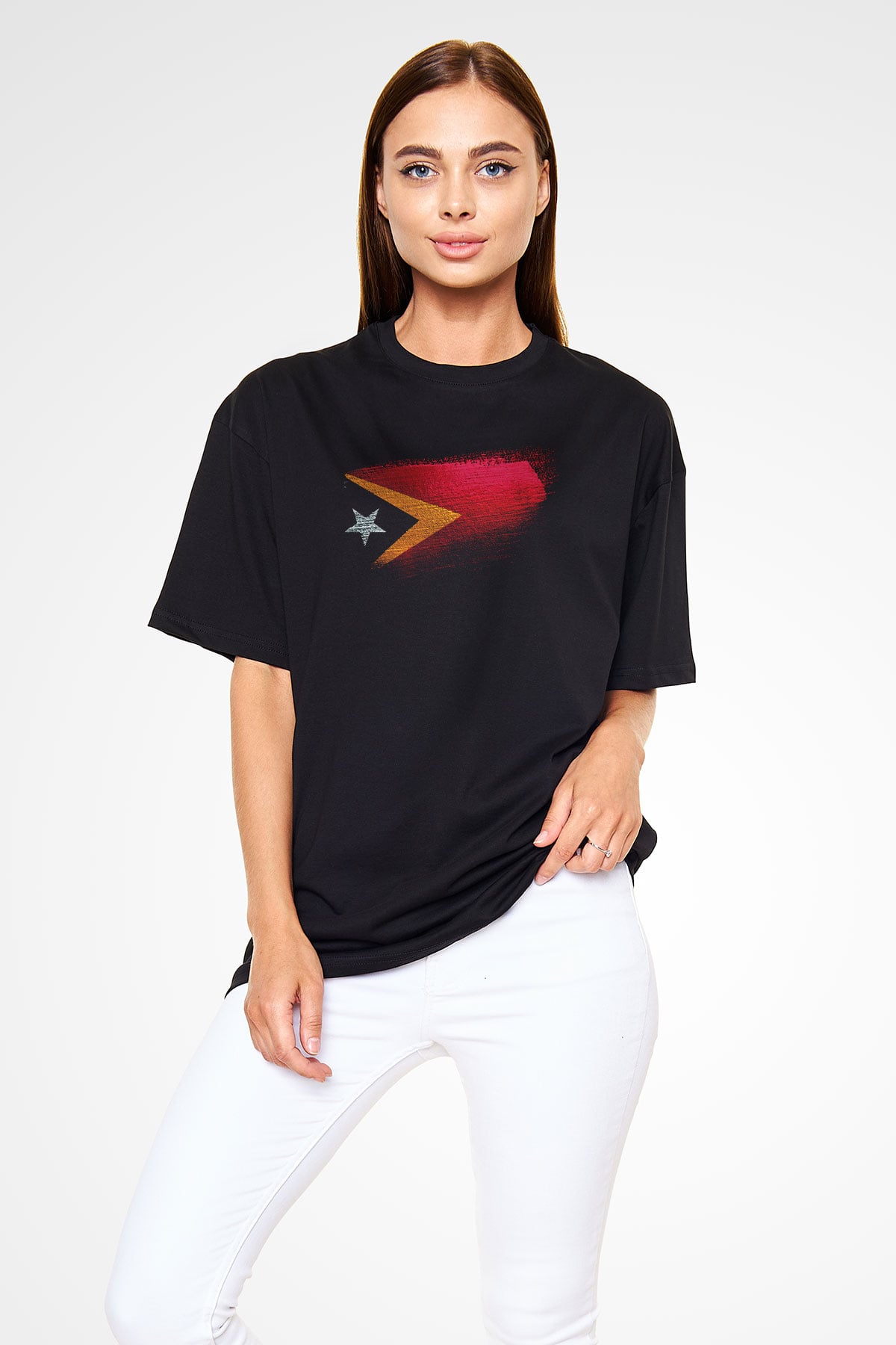 Doğu Timor - East Timor Bayrağı Baskılı Unisex Siyah Oversize Tişört