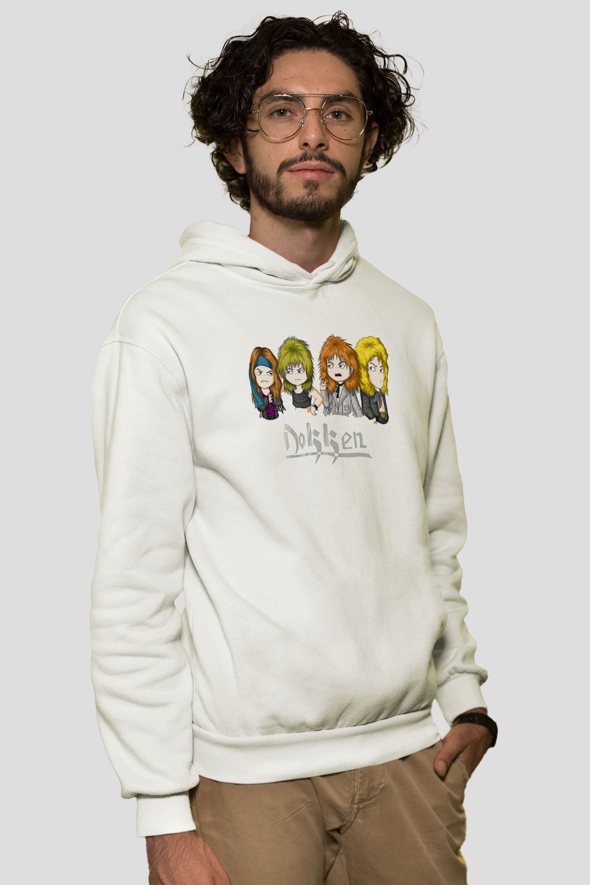 Dokken Baskılı Beyaz Unisex Kapüşonlu Sweatshirt