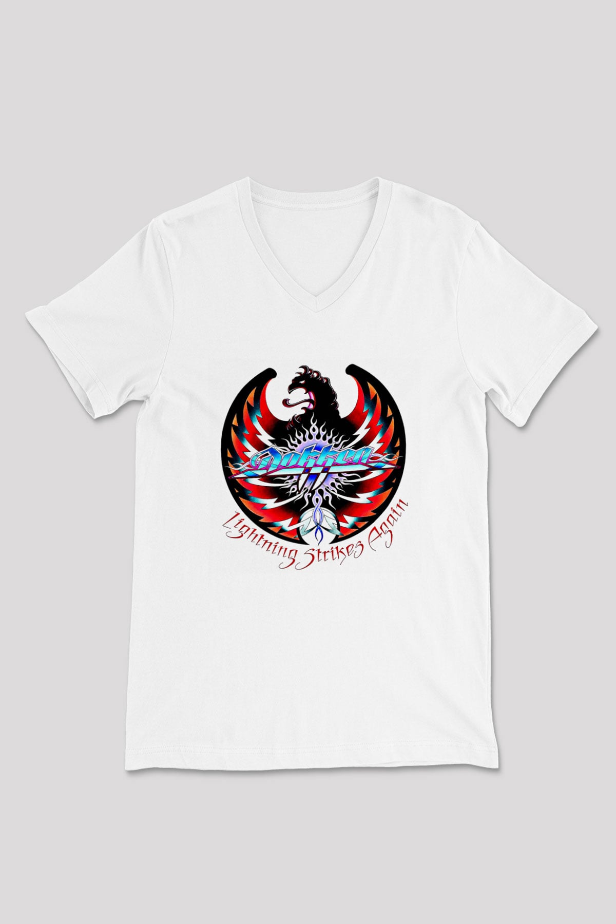 Dokken Baskılı Unisex Beyaz V Yaka Tişört