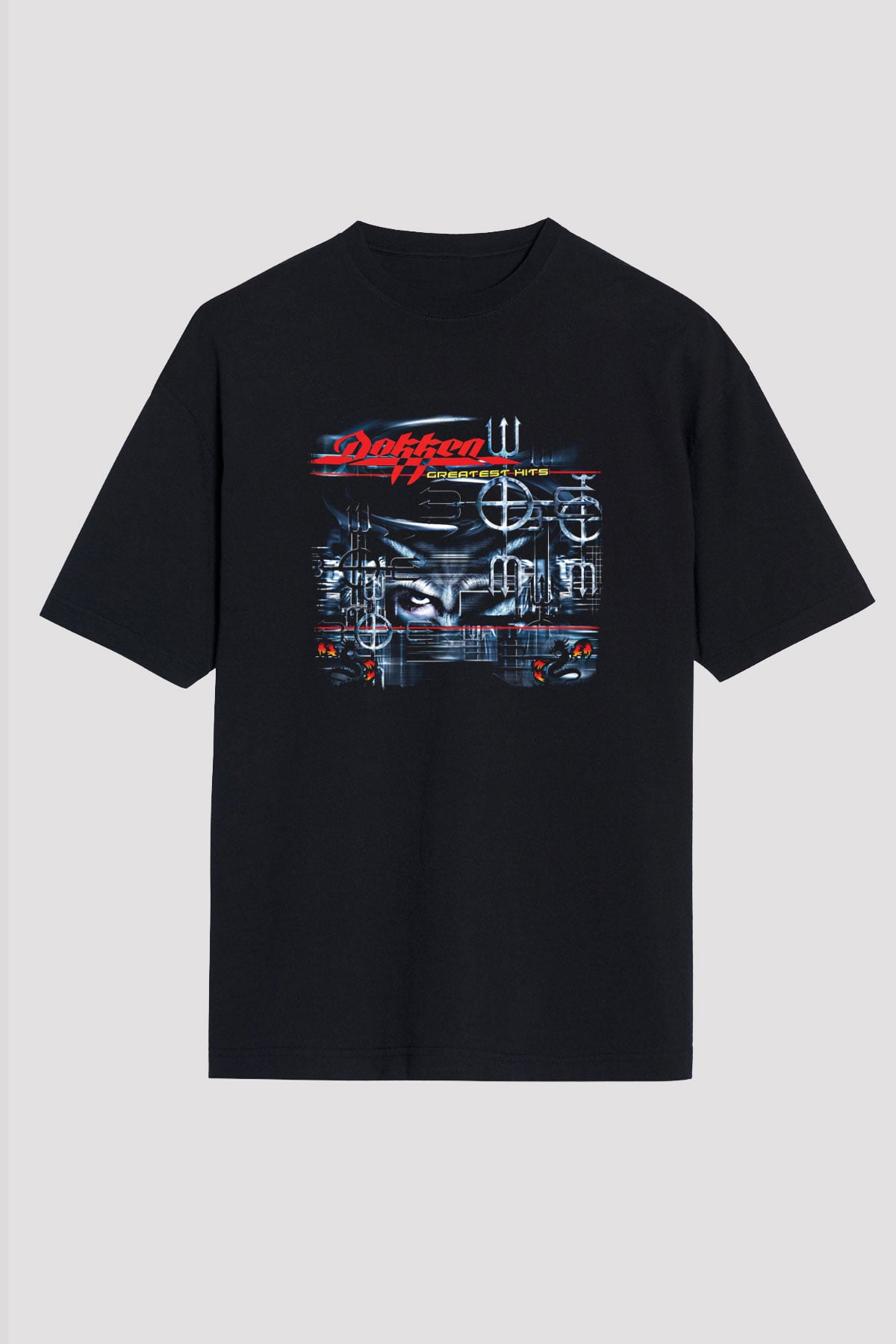 Dokken Baskılı Unisex Siyah Oversize Tişört
