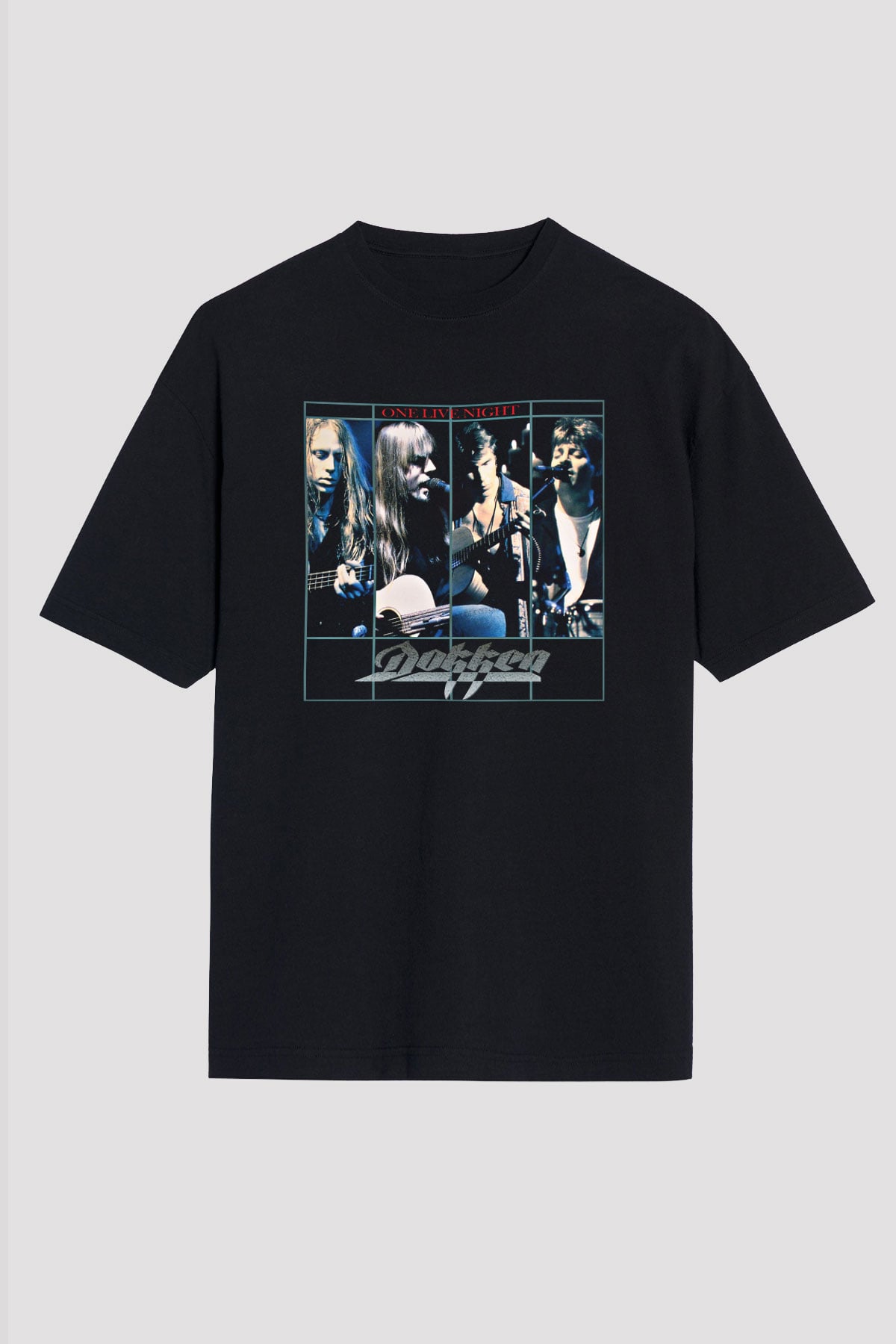 Dokken Baskılı Unisex Siyah Oversize Tişört