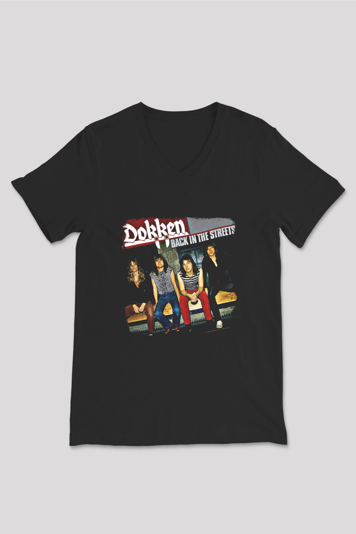 Dokken Baskılı Unisex Siyah V Yaka Tişört