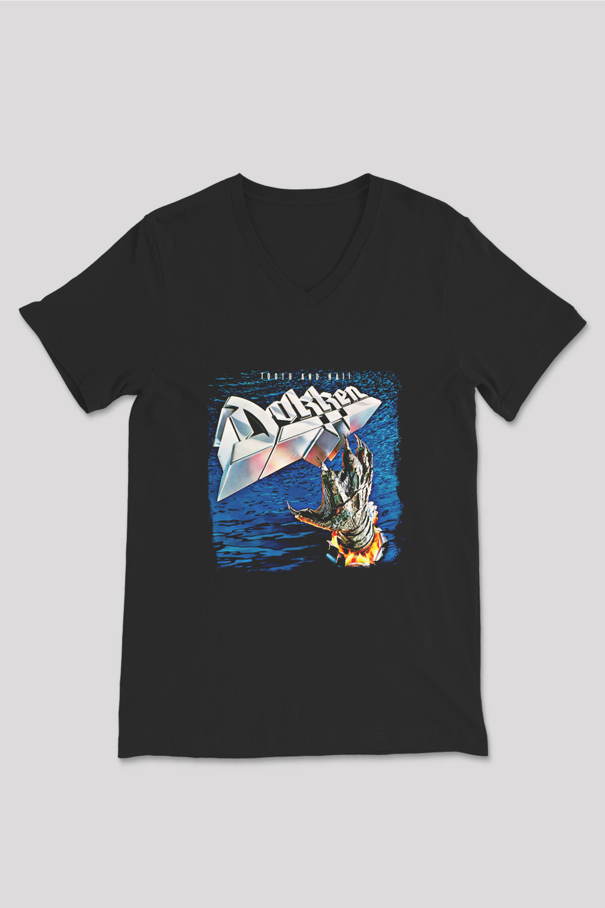 Dokken Baskılı Unisex Siyah V Yaka Tişört