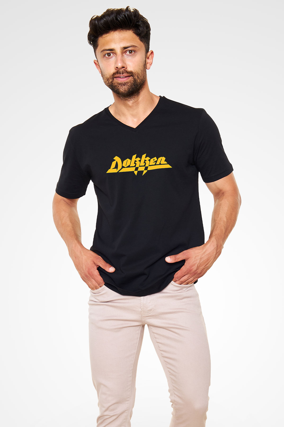Dokken Baskılı Unisex Siyah V Yaka Tişört - Tshirt