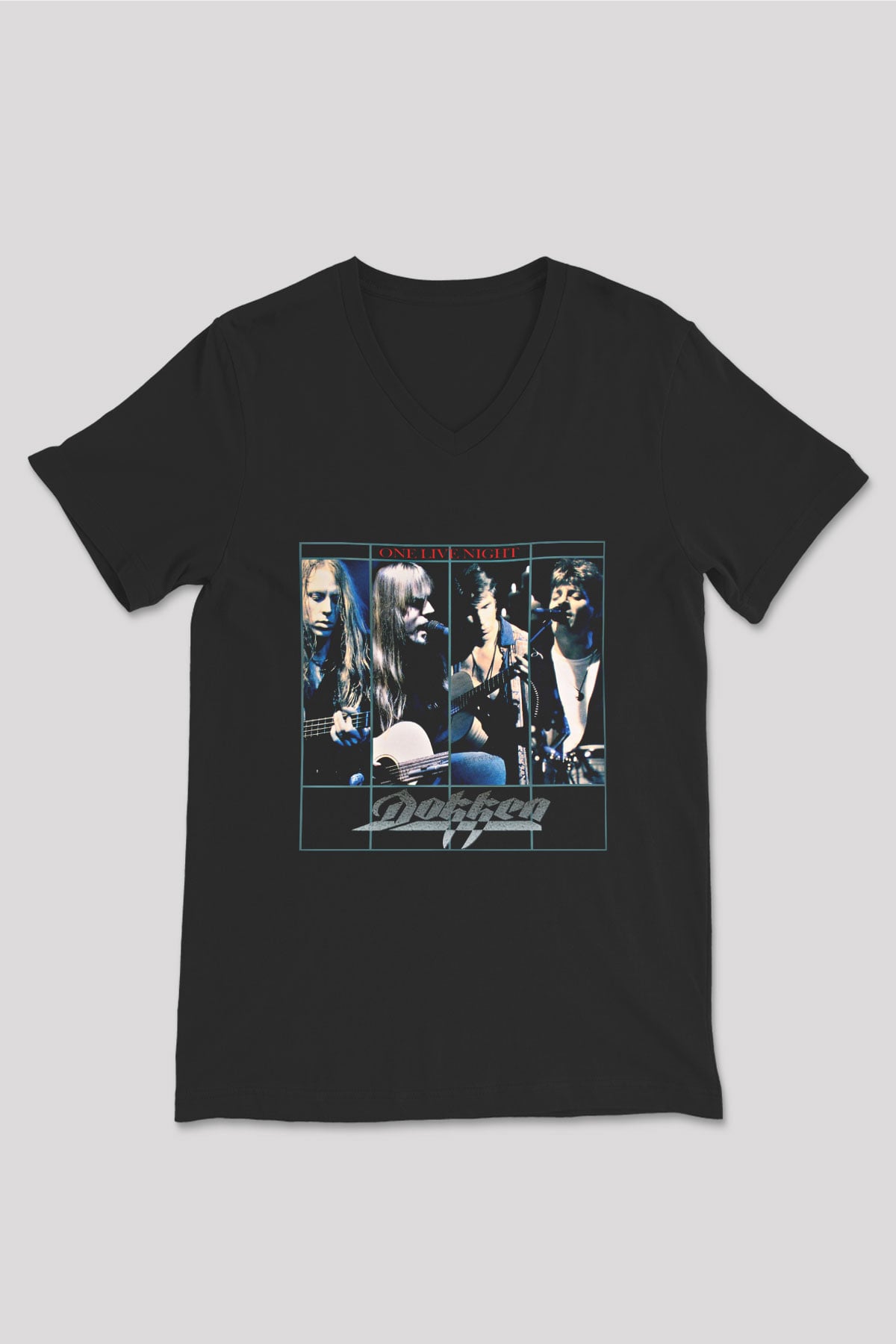 Dokken Baskılı Unisex Siyah V Yaka Tişört