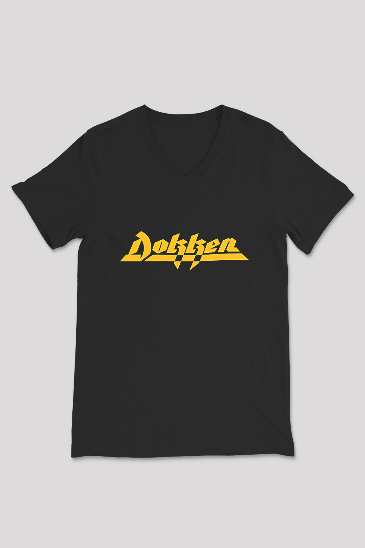 Dokken Baskılı Unisex Siyah V Yaka Tişört - Tshirt