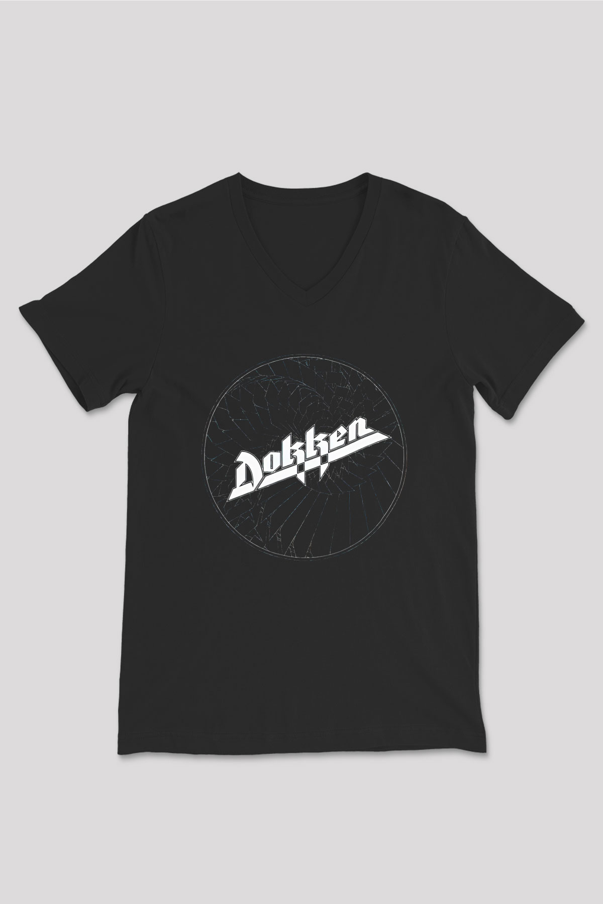 Dokken Baskılı Unisex Siyah V Yaka Tişört - Tshirt