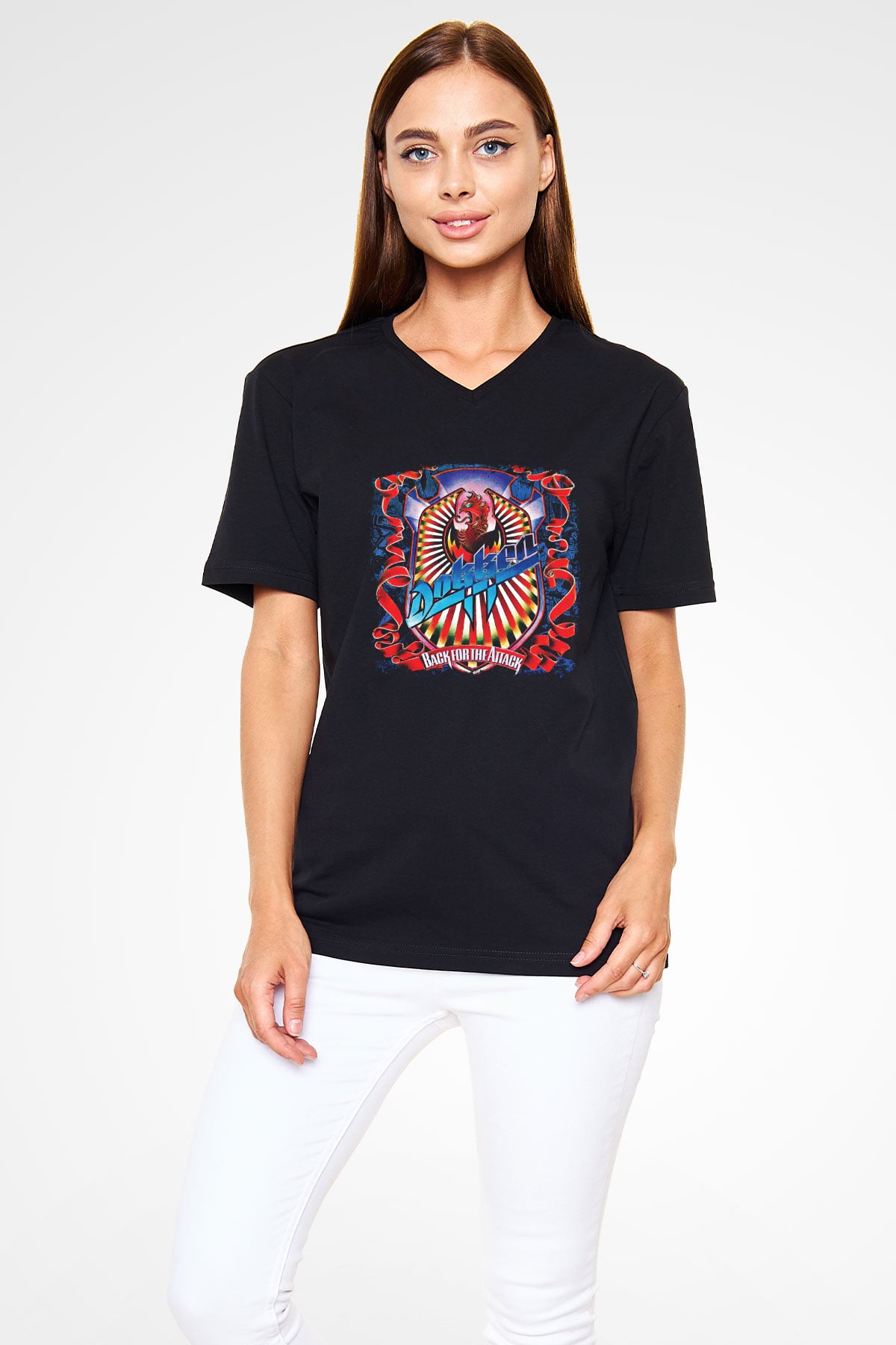 Dokken Baskılı Unisex Siyah V Yaka Tişört