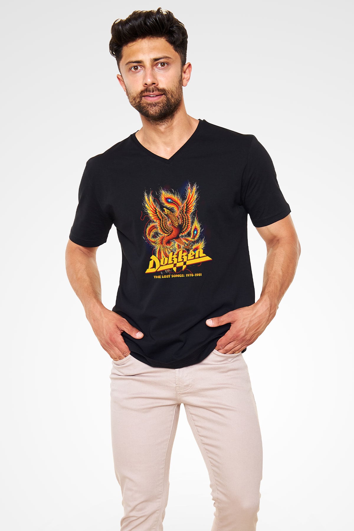 Dokken Baskılı Unisex Siyah V Yaka Tişört - Tshirt