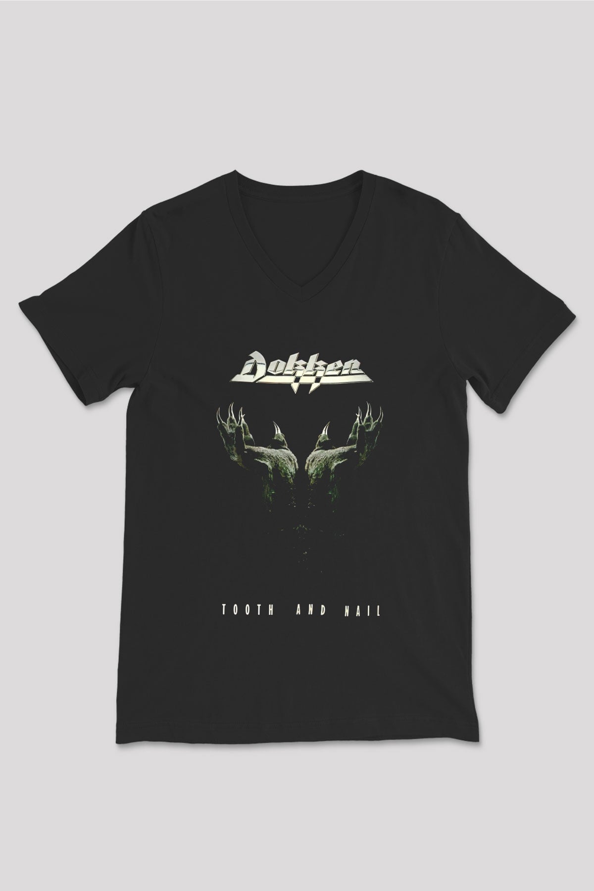 Dokken Baskılı Unisex Siyah V Yaka Tişört - Tshirt