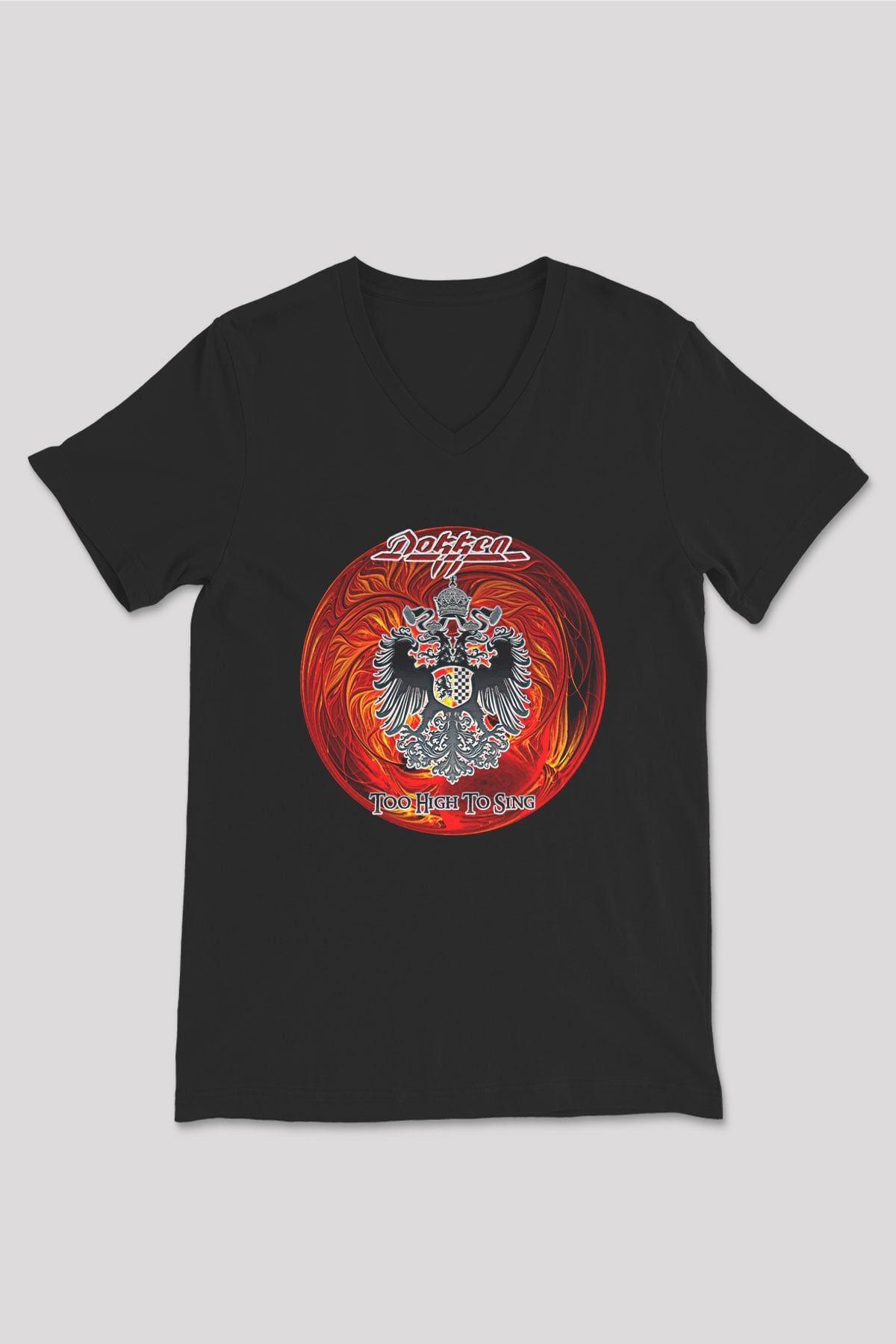 Dokken Baskılı Unisex Siyah V Yaka Tişört - Tshirt