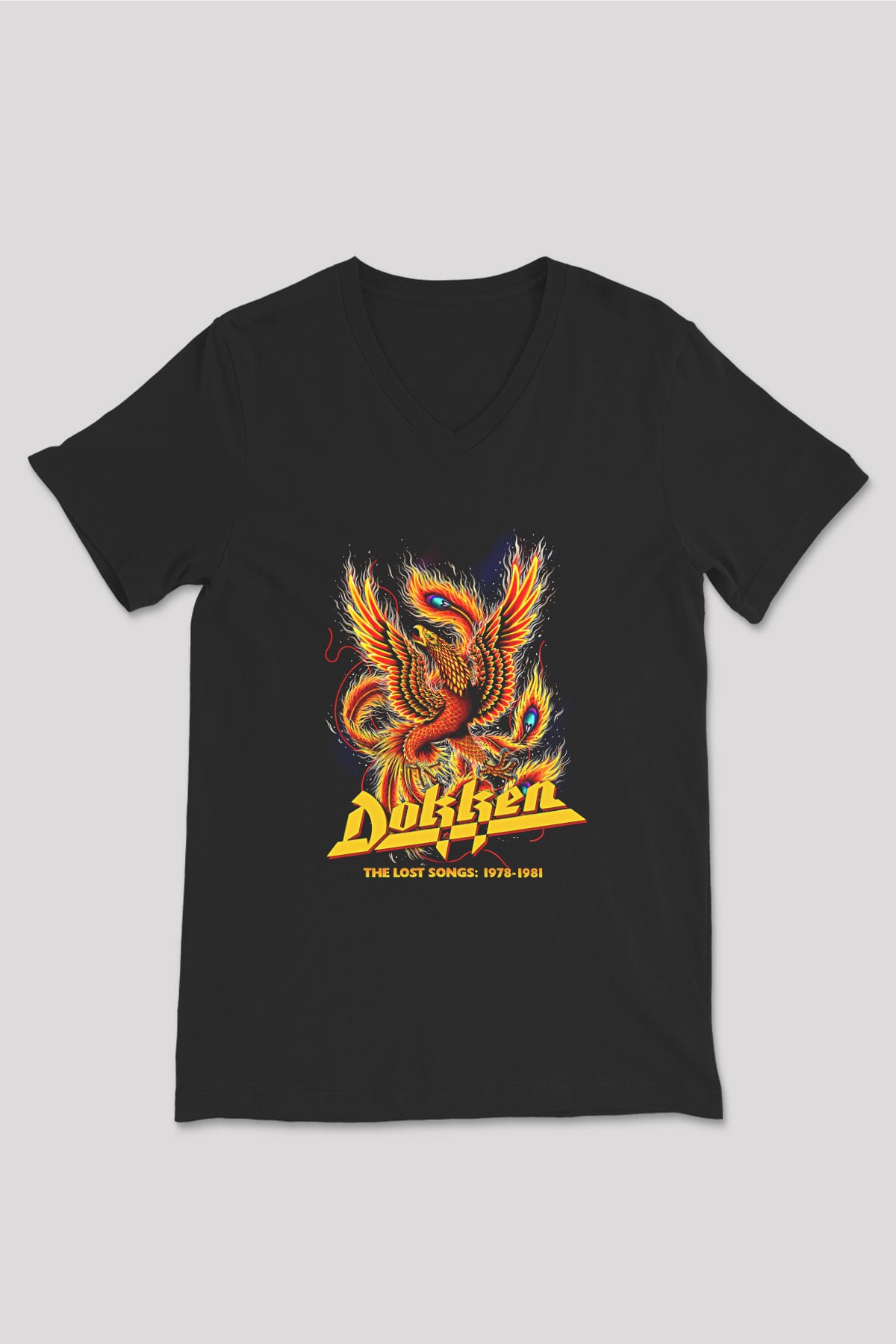 Dokken Baskılı Unisex Siyah V Yaka Tişört - Tshirt