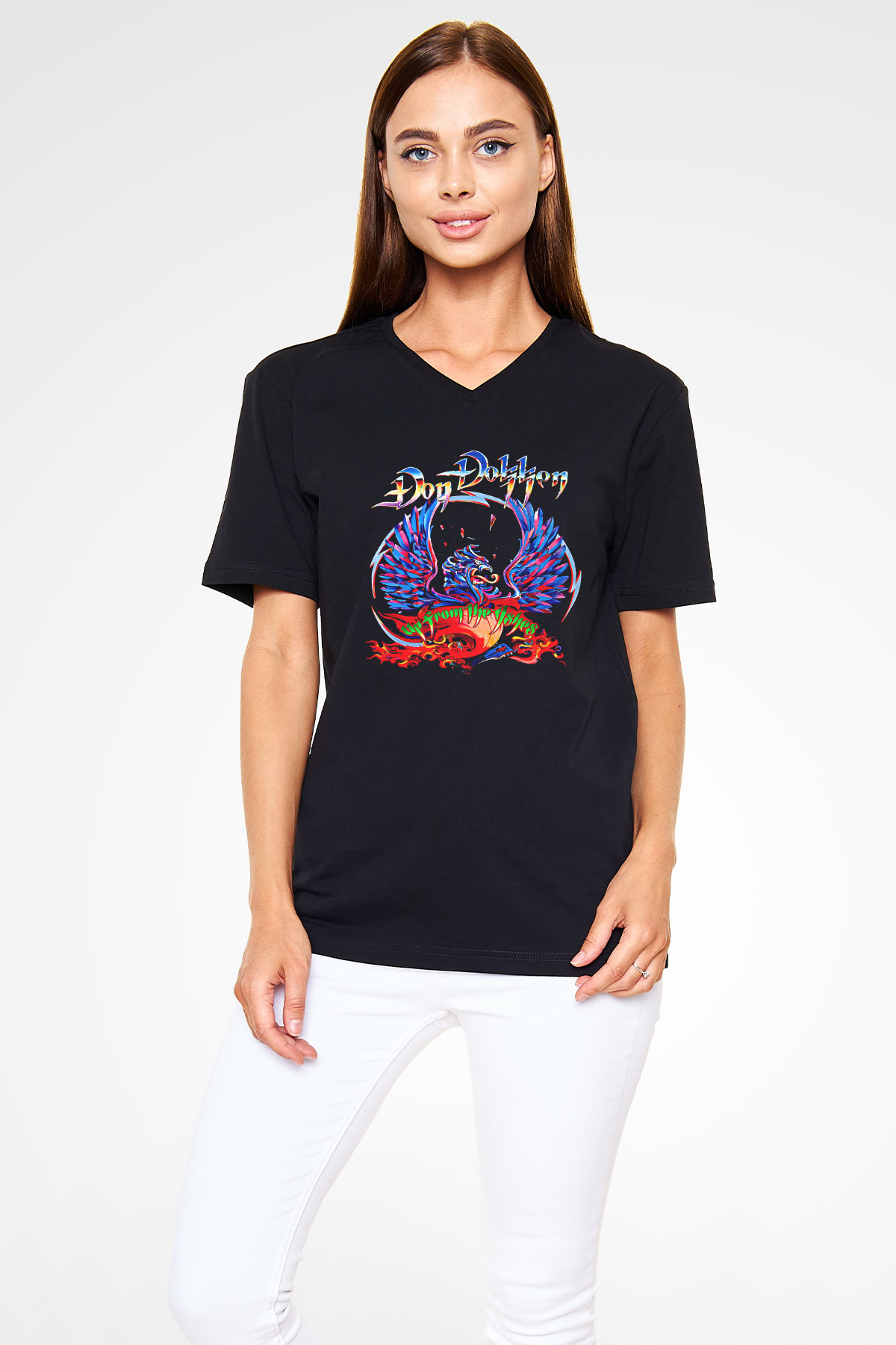 Dokken Baskılı Unisex Siyah V Yaka Tişört - Tshirt