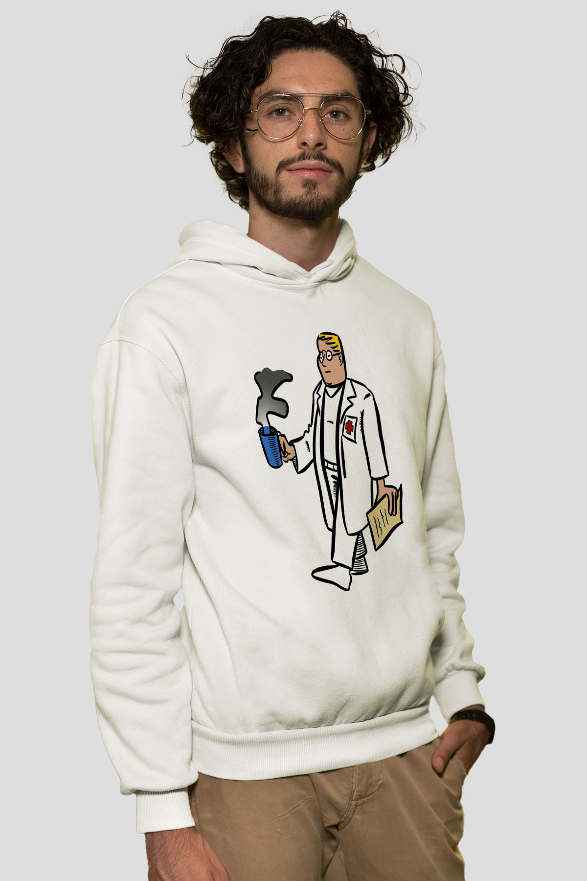 Doktor Beyaz Unisex Kapüşonlu Sweatshirt