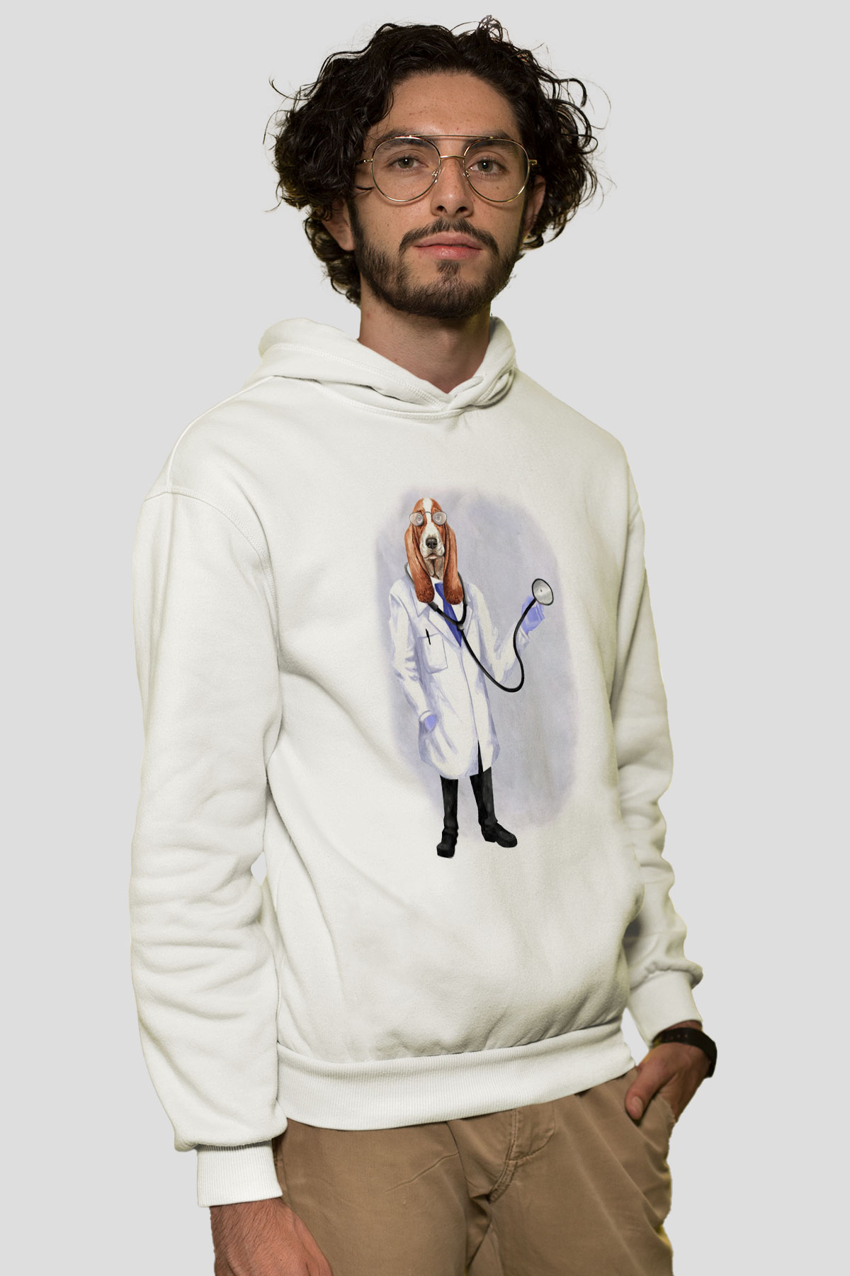 Doktor Beyaz Unisex Kapüşonlu Sweatshirt