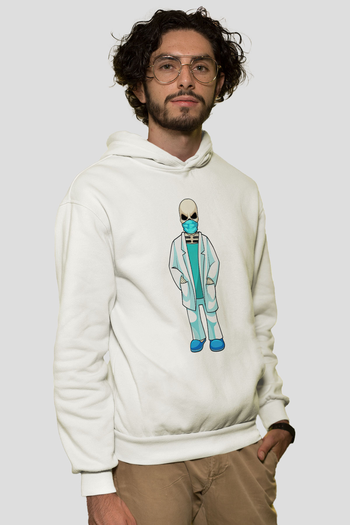 Doktor Beyaz Unisex Kapüşonlu Sweatshirt