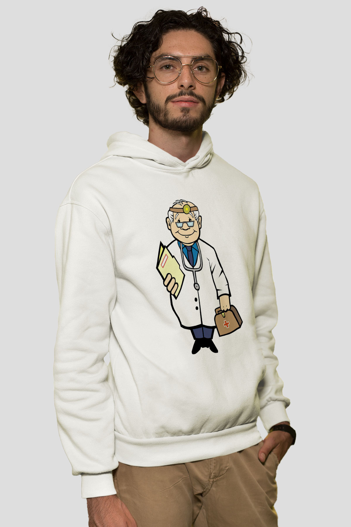 Doktor Beyaz Unisex Kapüşonlu Sweatshirt