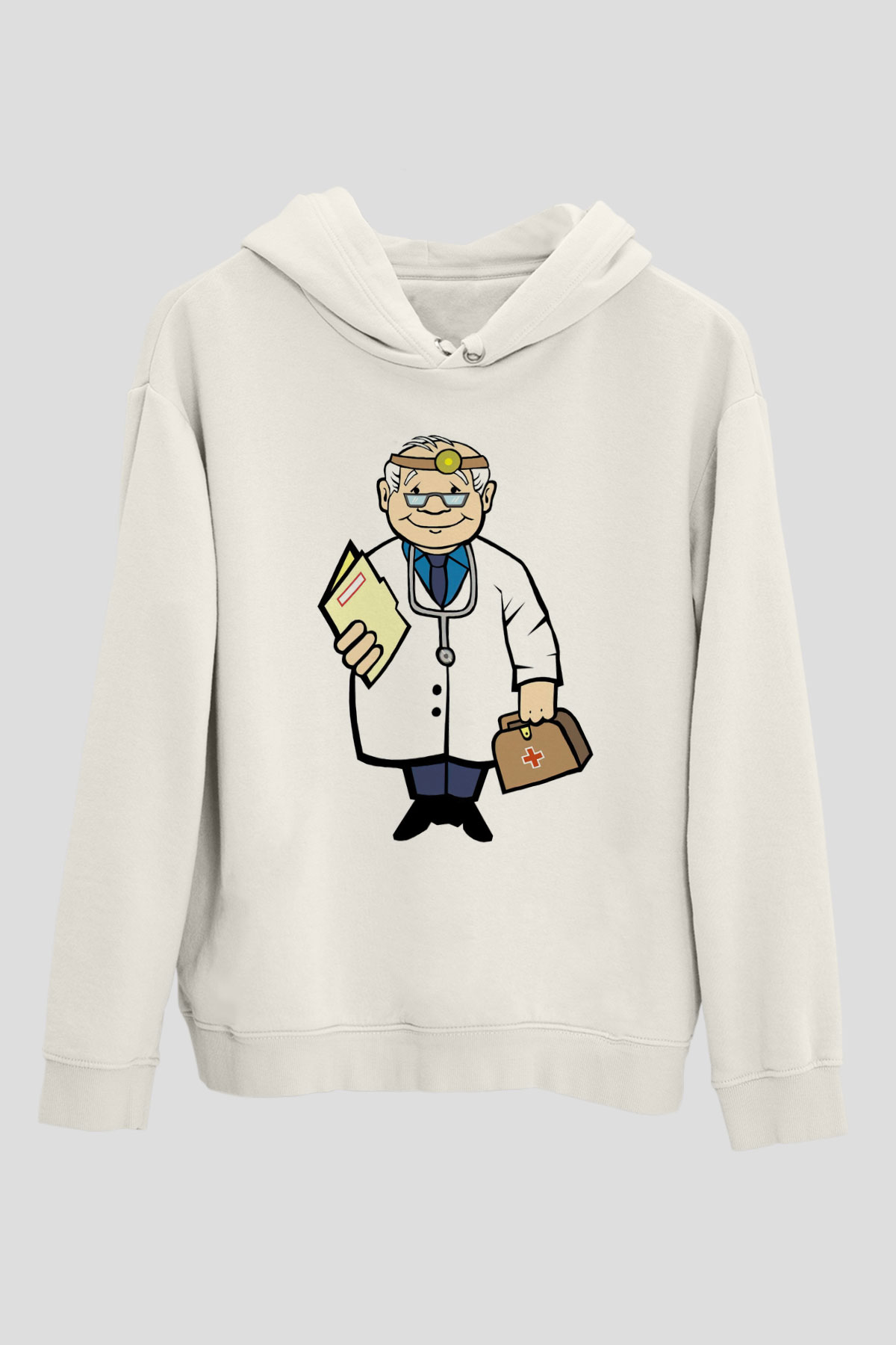 Doktor Beyaz Unisex Kapüşonlu Sweatshirt
