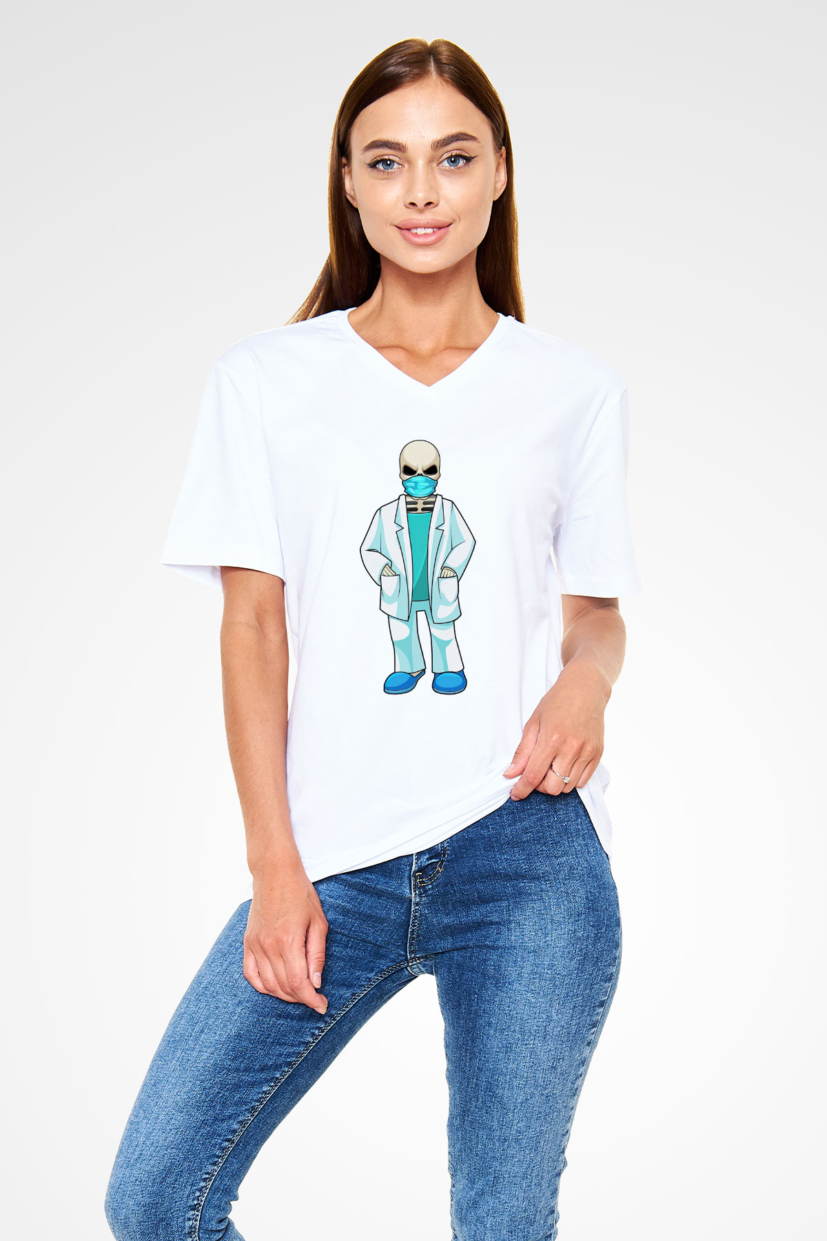 Doktor Beyaz Unisex V Yaka Tişört
