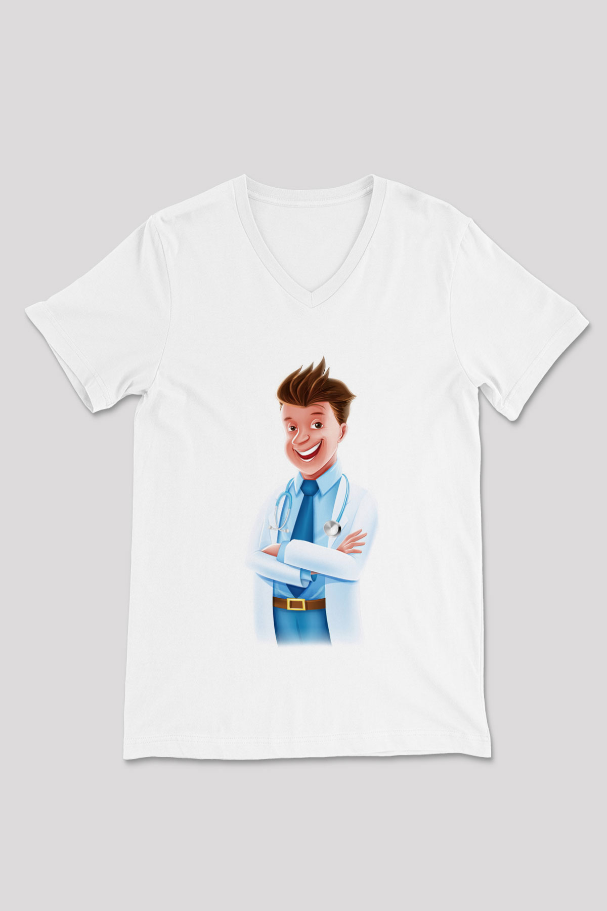 Doktor Beyaz Unisex V Yaka Tişört T-Shirt