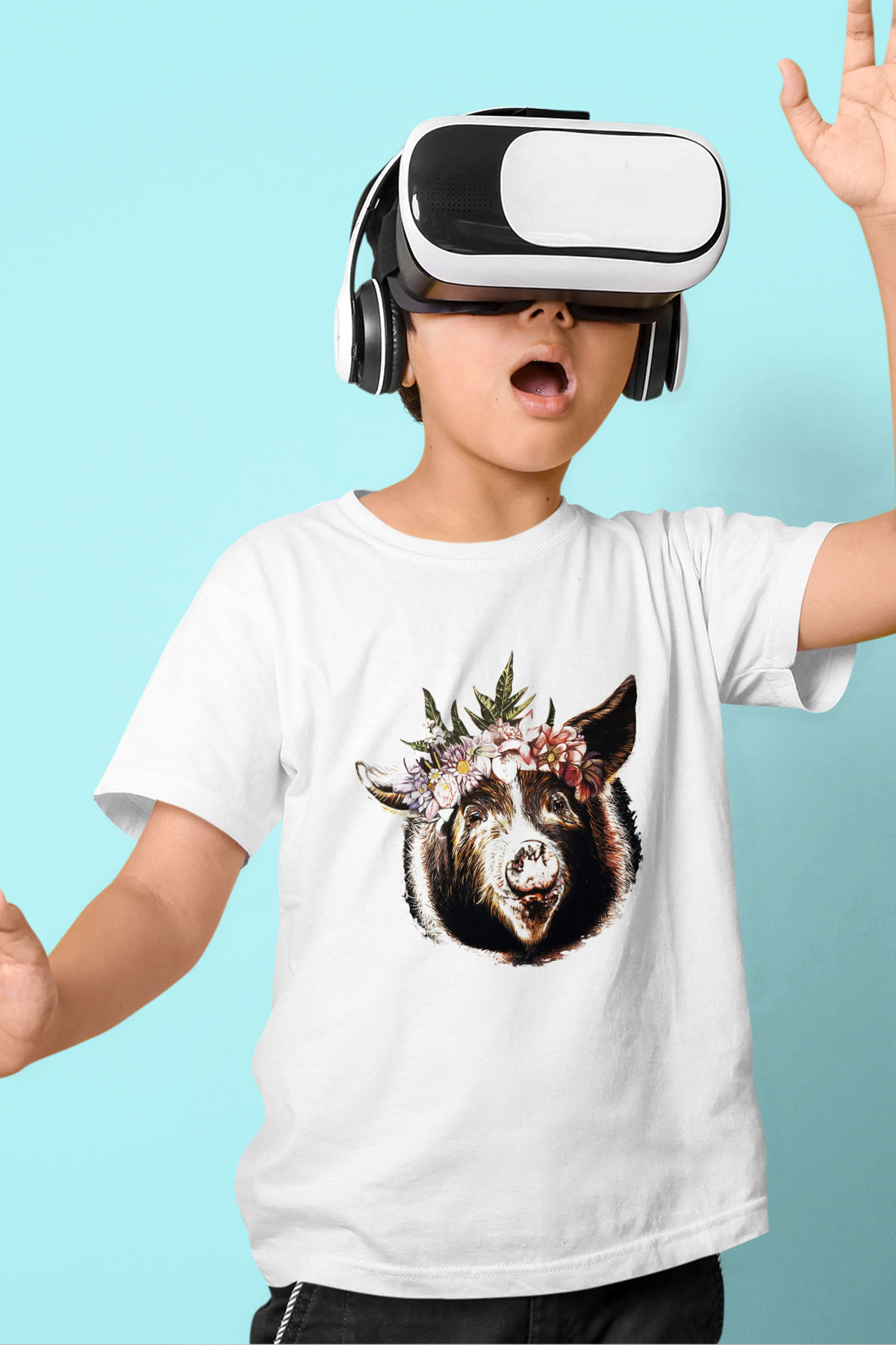 Domuz Baskılı Beyaz Unisex Çocuk Tişört