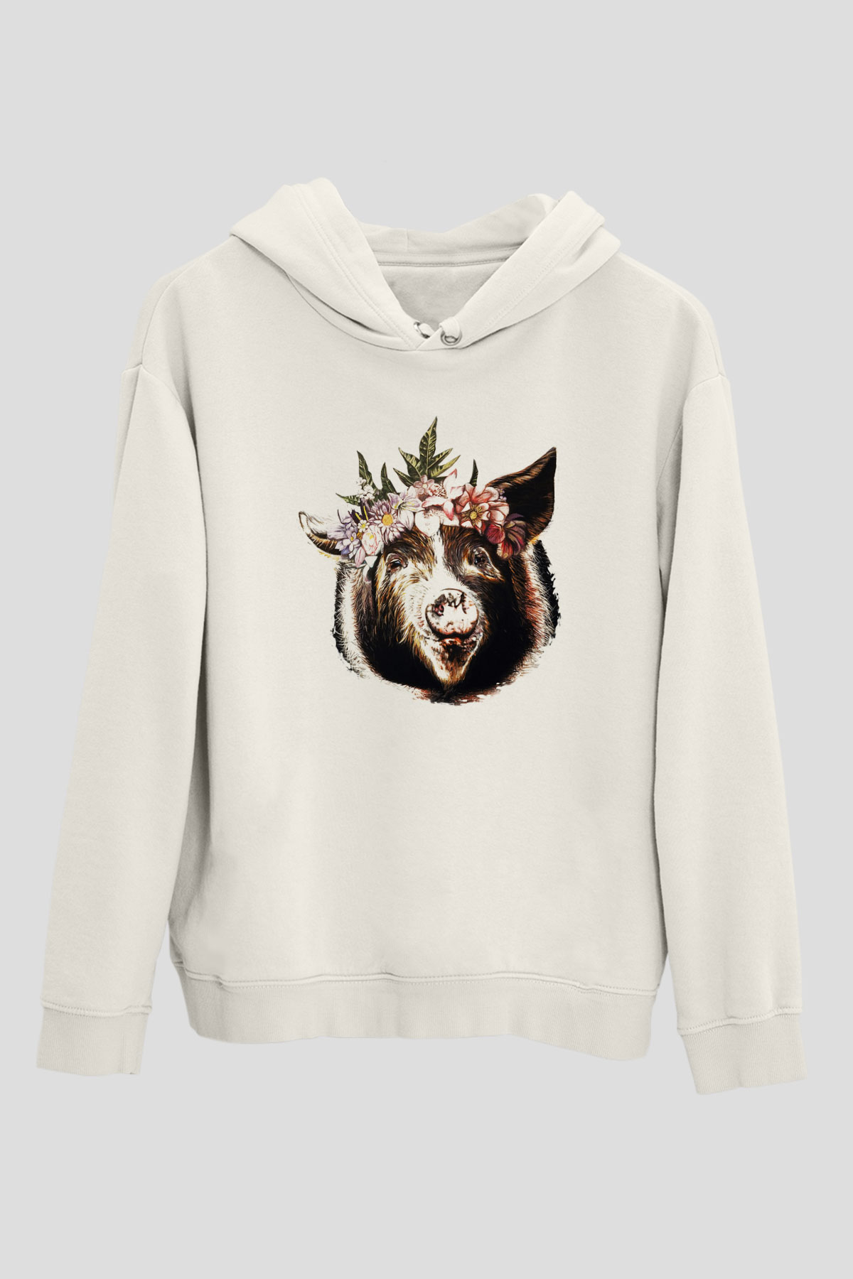 Domuz Beyaz Unisex Kapşonlu Sweatshirt