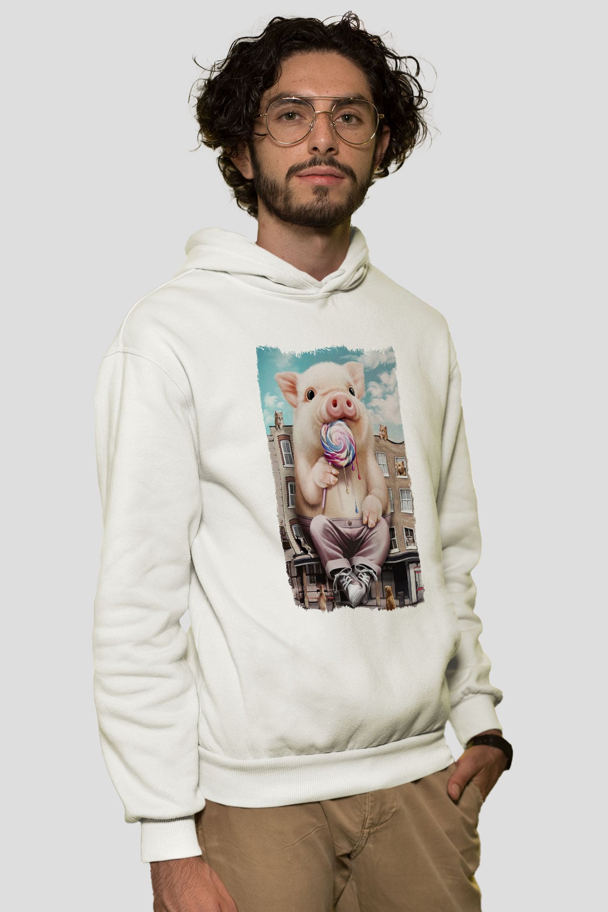 Domuz Beyaz Unisex Kapüşonlu Sweatshirt