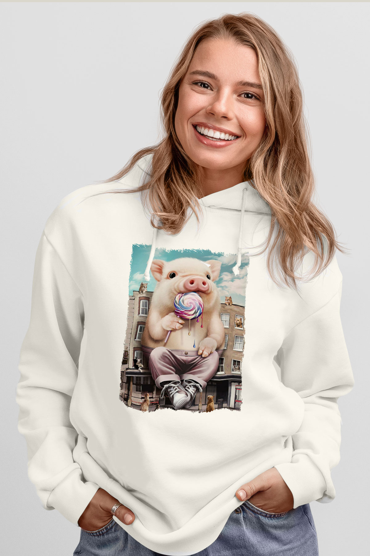 Domuz Beyaz Unisex Kapüşonlu Sweatshirt