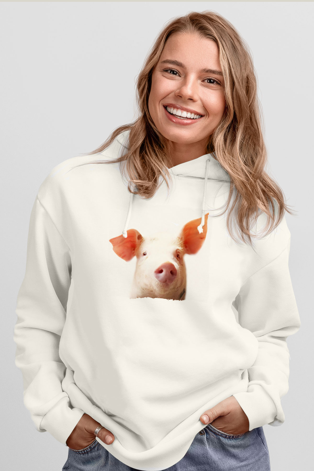 Domuz Beyaz Unisex Kapüşonlu Sweatshirt