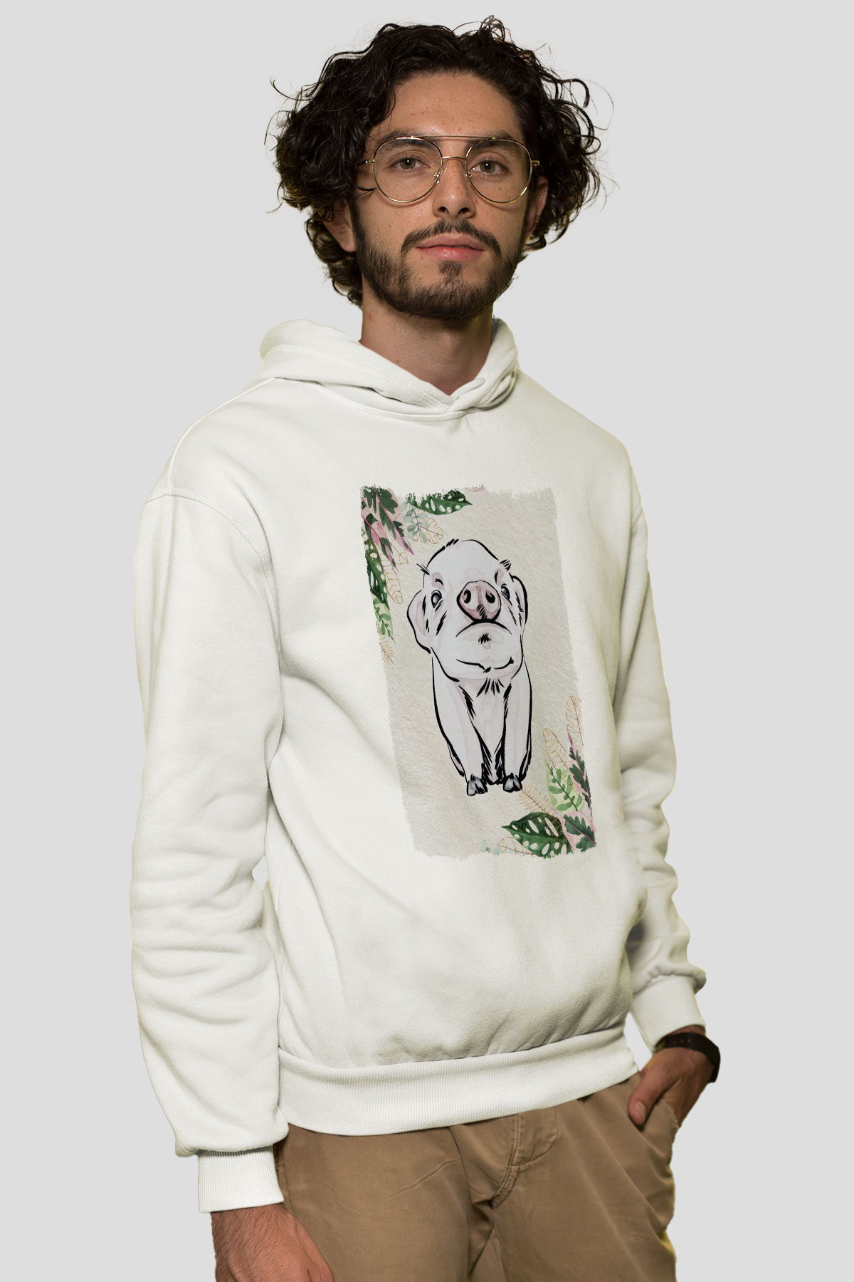 Domuz Beyaz Unisex Kapüşonlu Sweatshirt