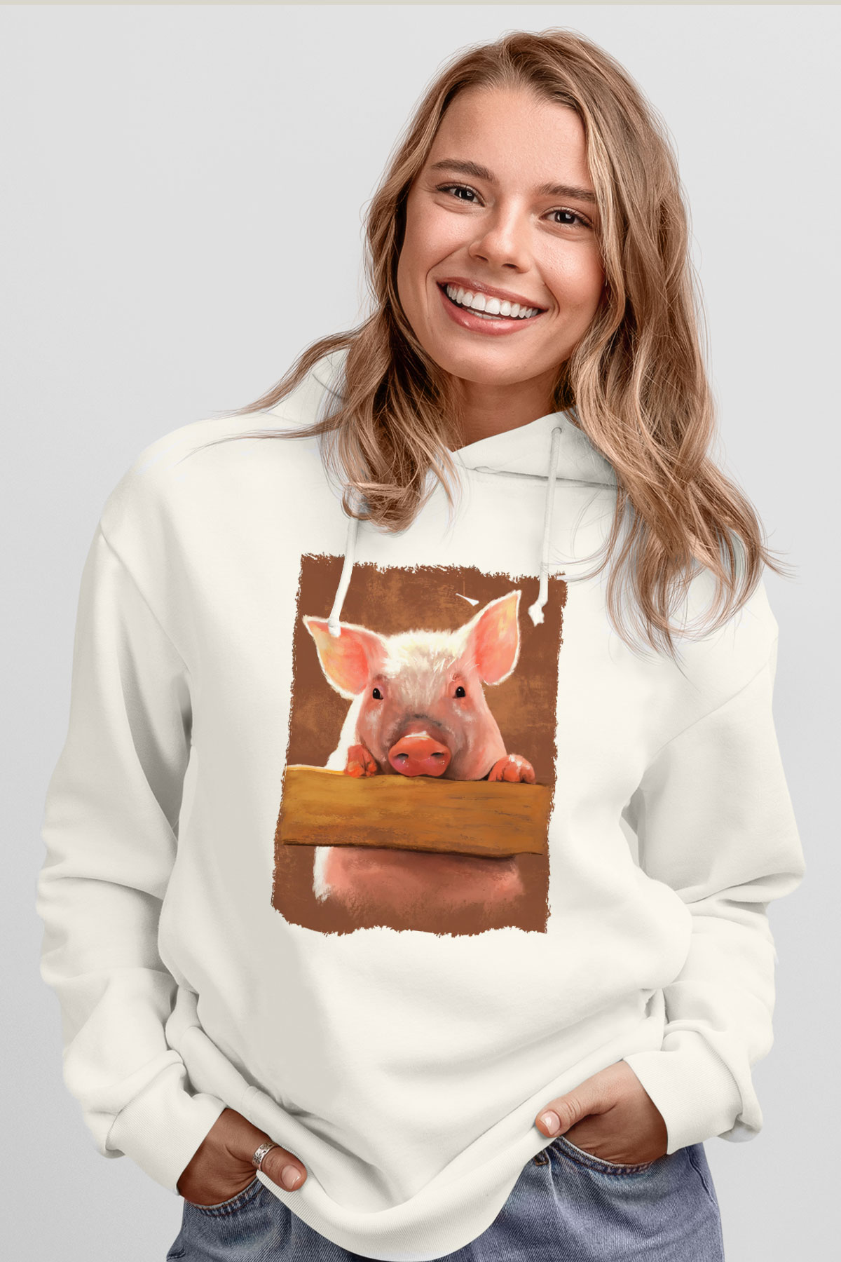 Domuz Beyaz Unisex Kapüşonlu Sweatshirt