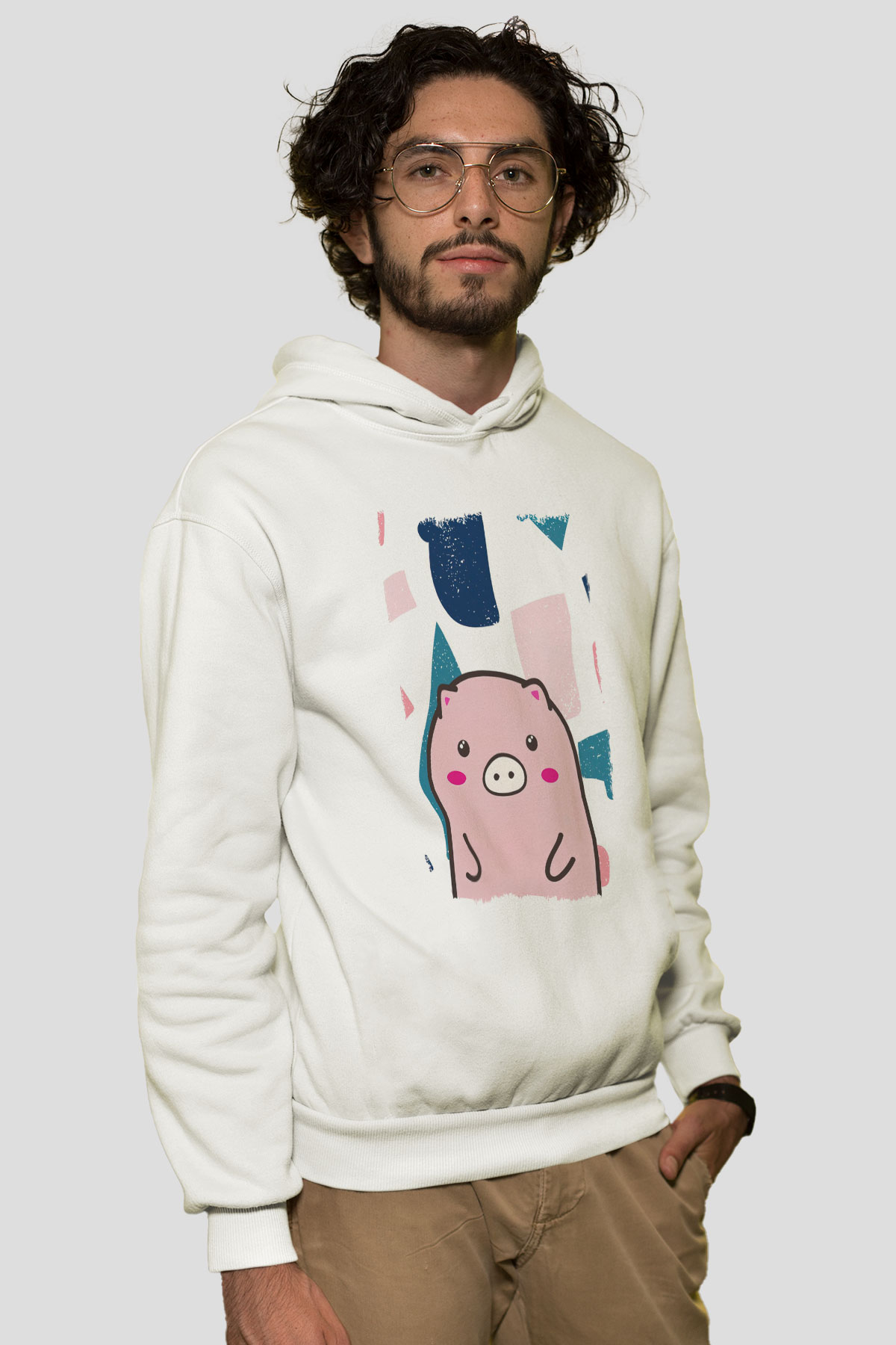 Domuz Beyaz Unisex Kapüşonlu Sweatshirt