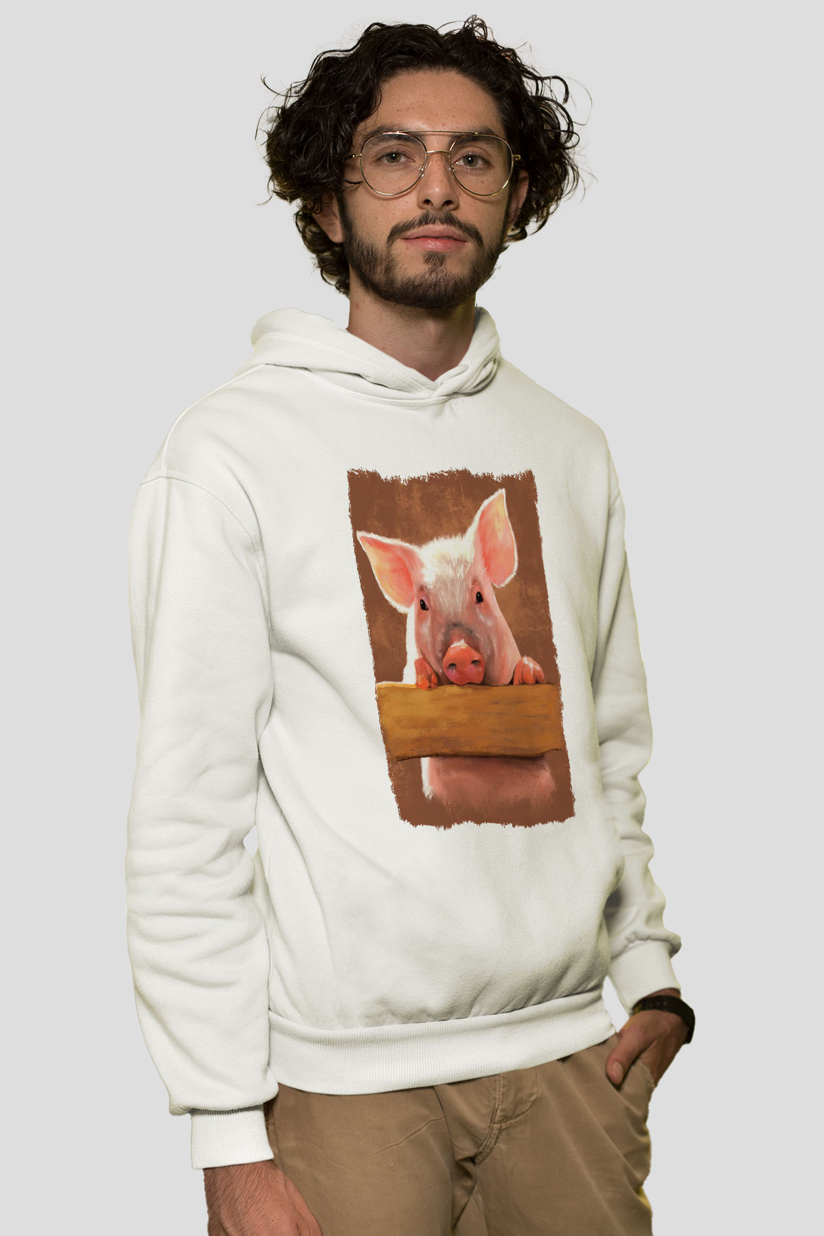 Domuz Beyaz Unisex Kapüşonlu Sweatshirt