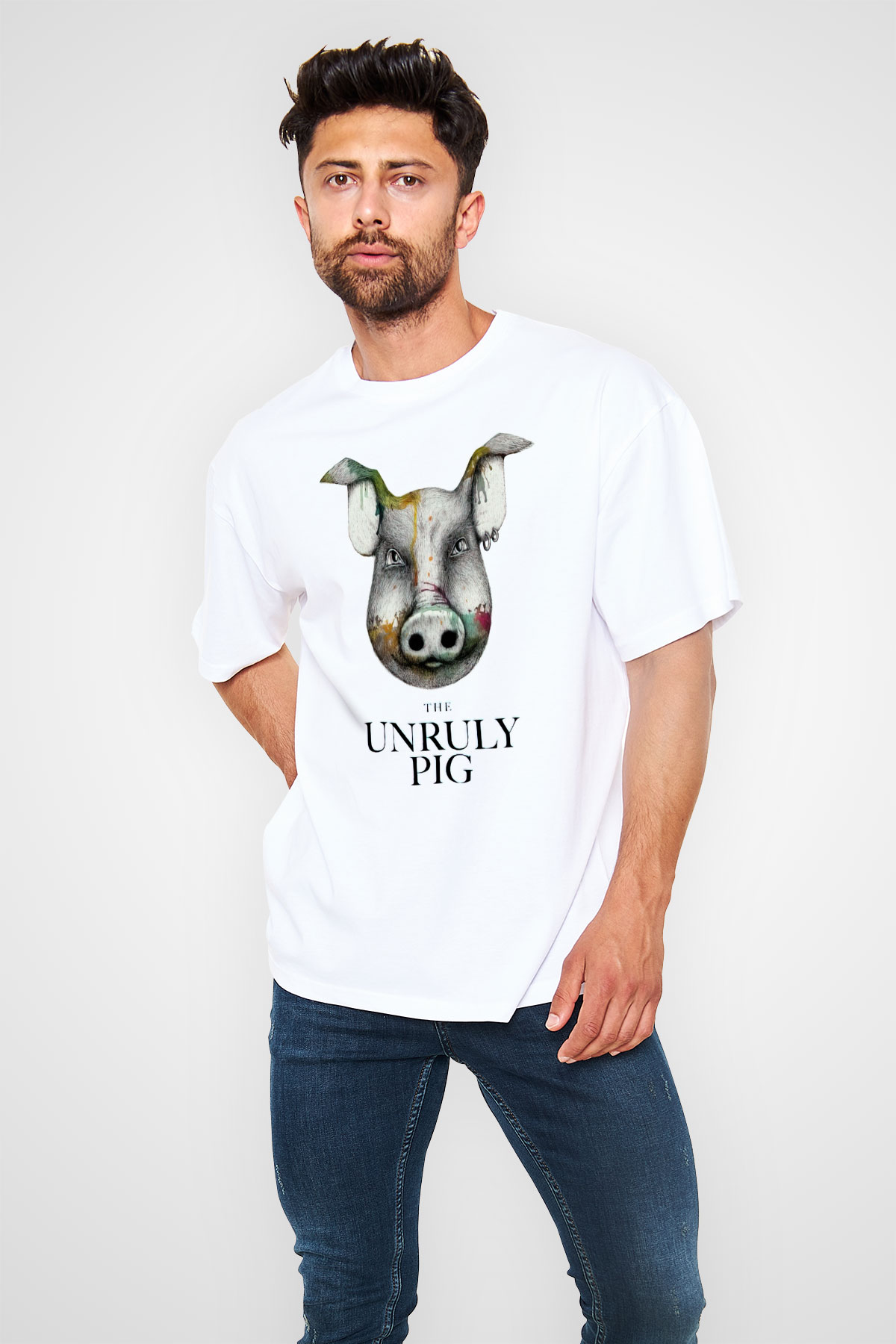 Domuz Beyaz Unisex Oversize Tişört T-Shirt