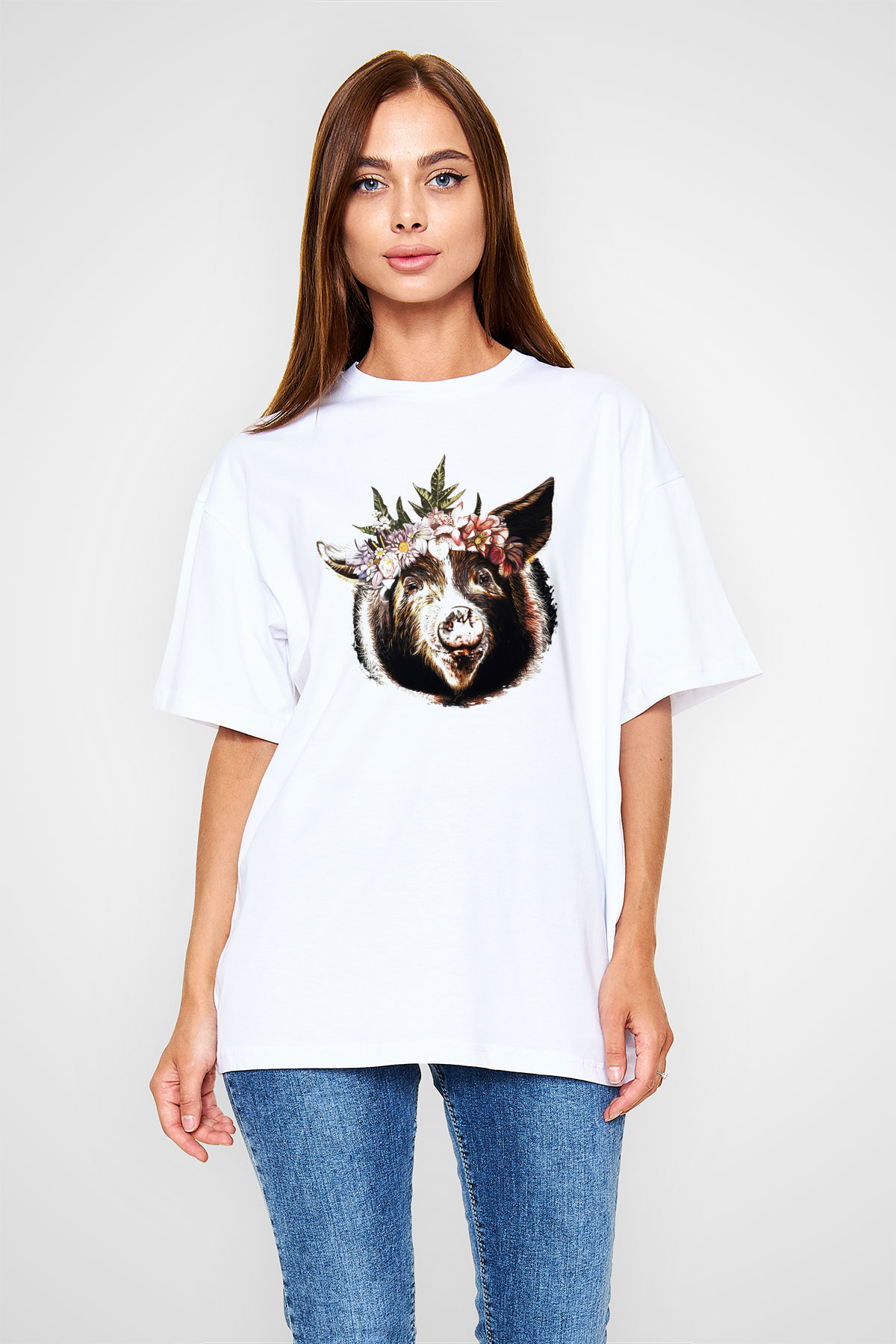 Domuz Beyaz Unisex Oversize Tişört T-Shirt