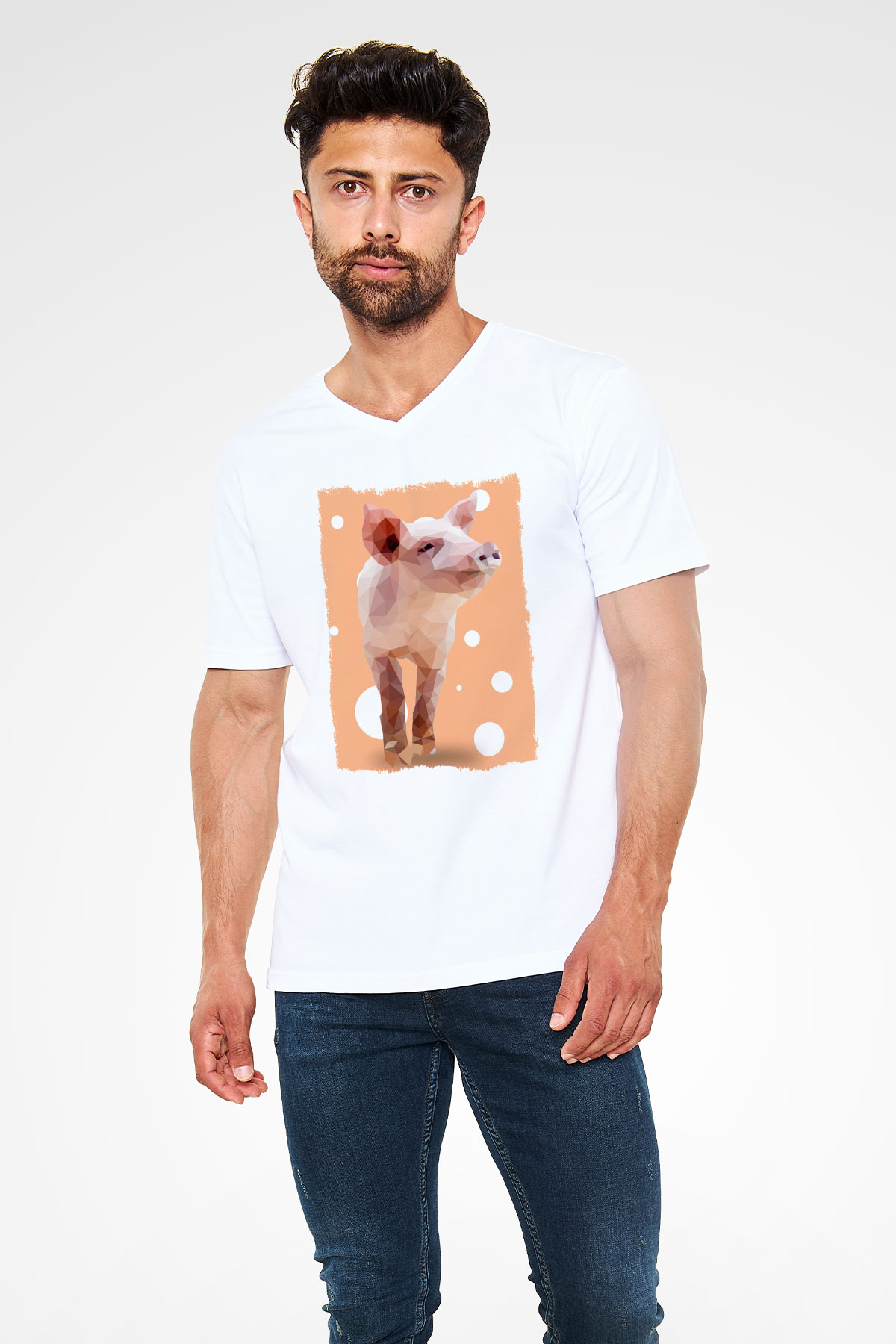 Domuz Beyaz Unisex V Yaka Tişört