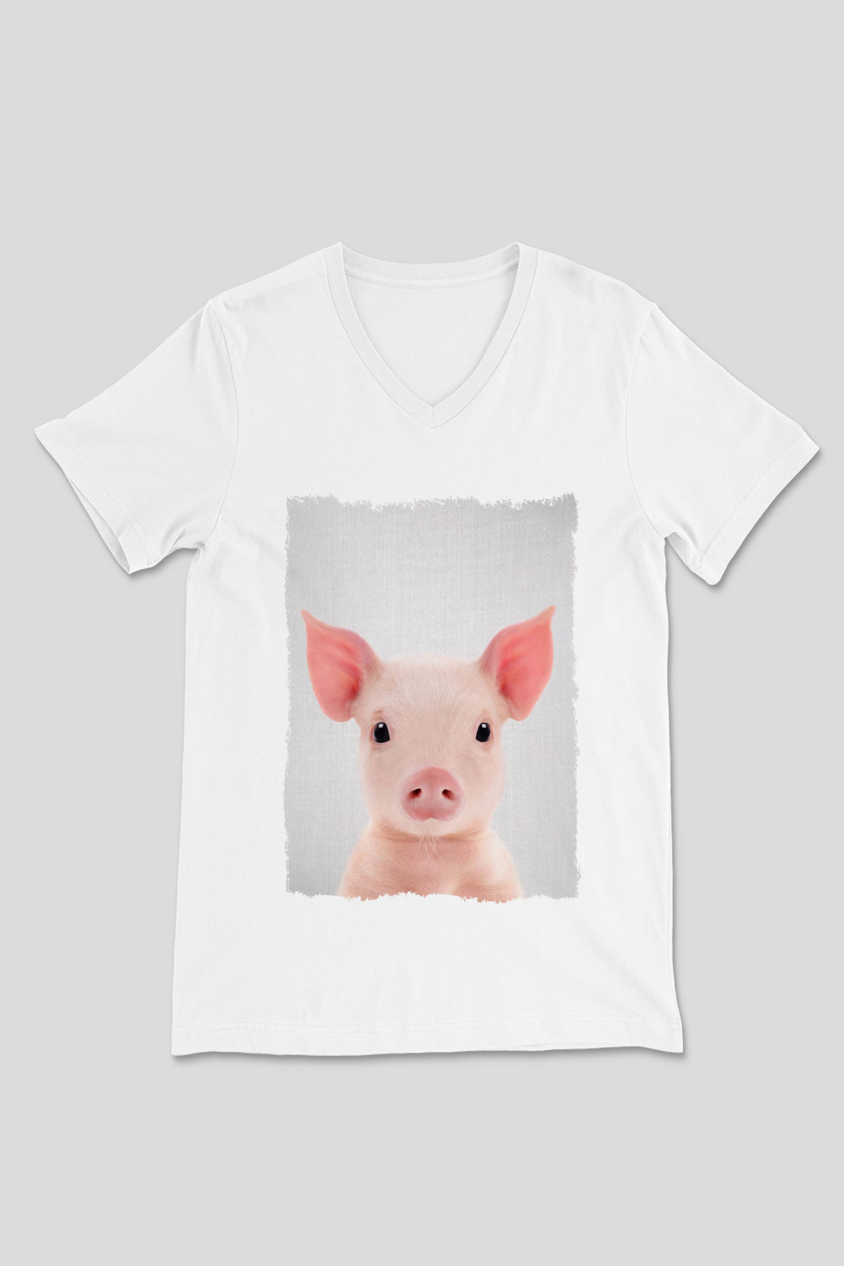 Domuz Beyaz Unisex V Yaka Tişört
