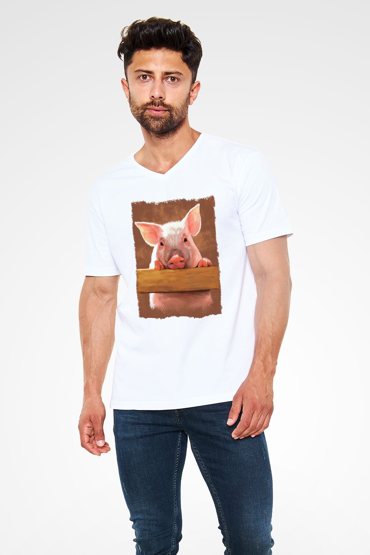 Domuz Beyaz Unisex V Yaka Tişört