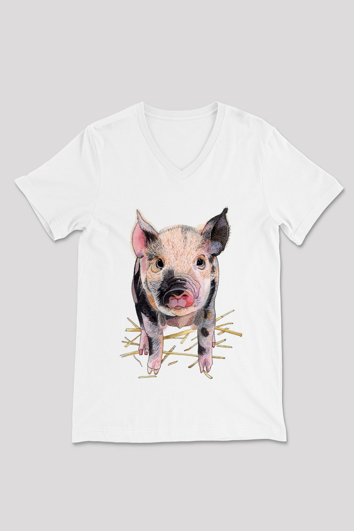 Domuz Beyaz Unisex V Yaka Tişört T-Shirt