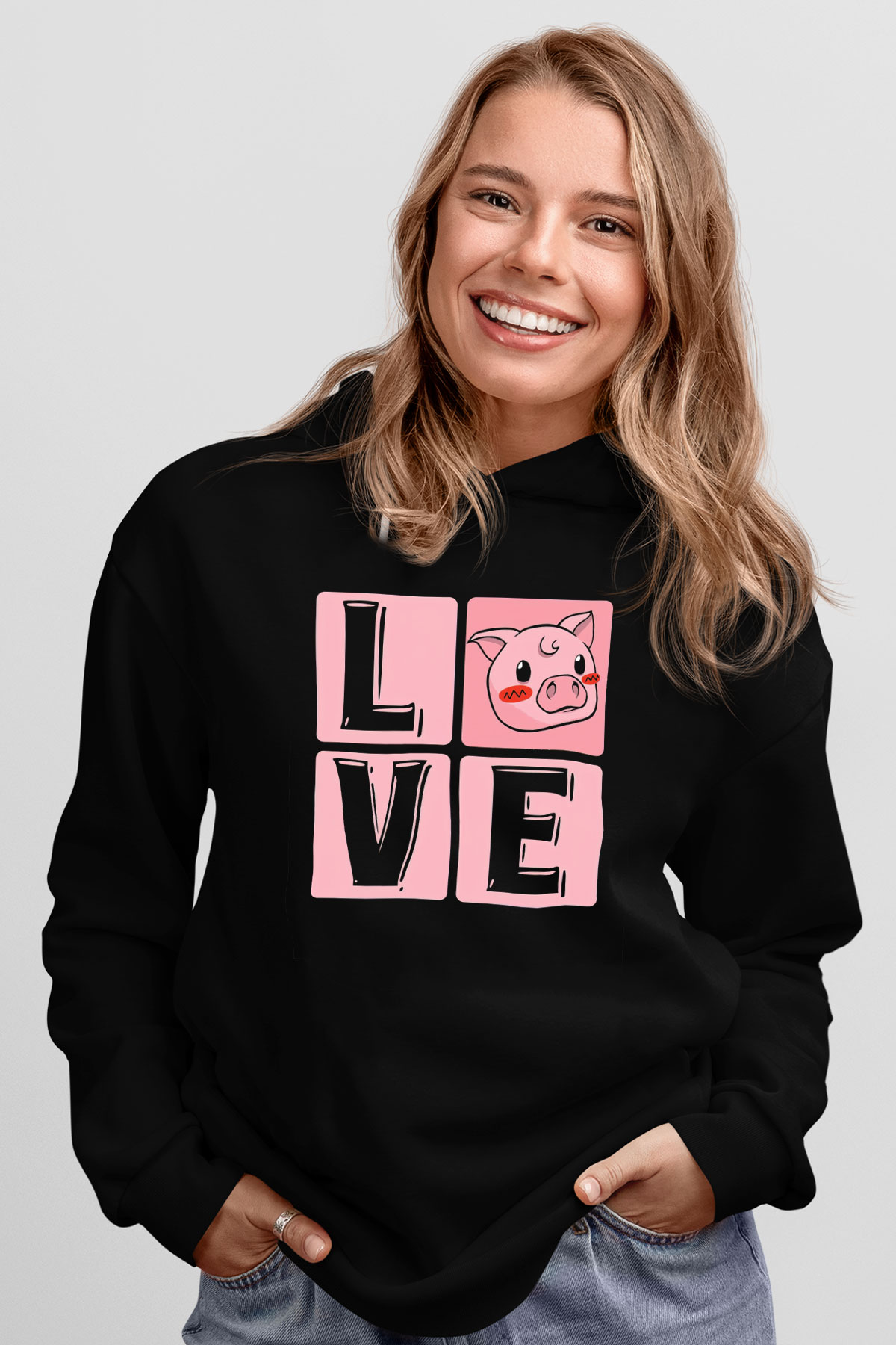 Domuz Siyah Unisex Kapüşonlu Sweatshirt