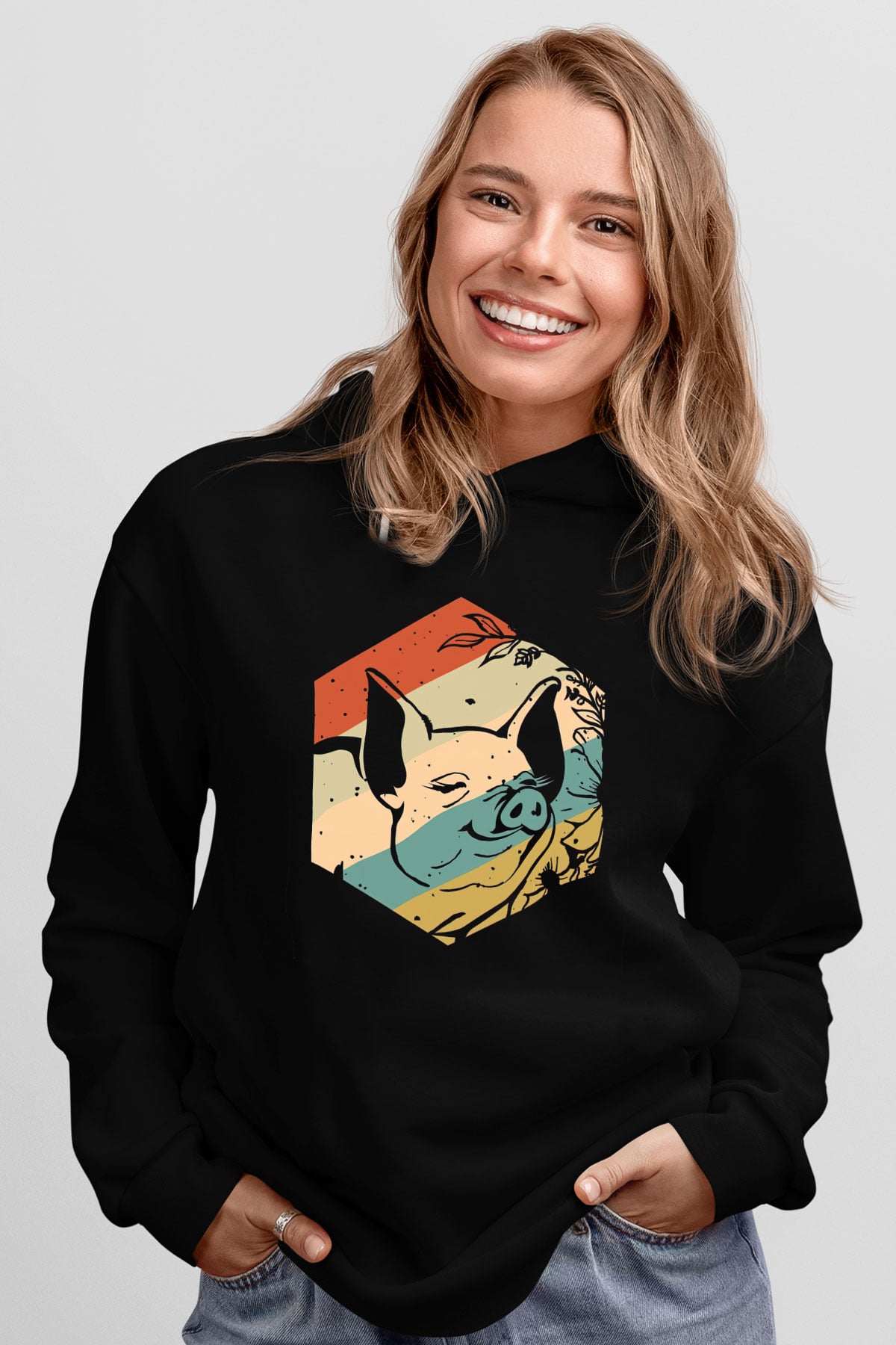 Domuz Siyah Unisex Kapüşonlu Sweatshirt