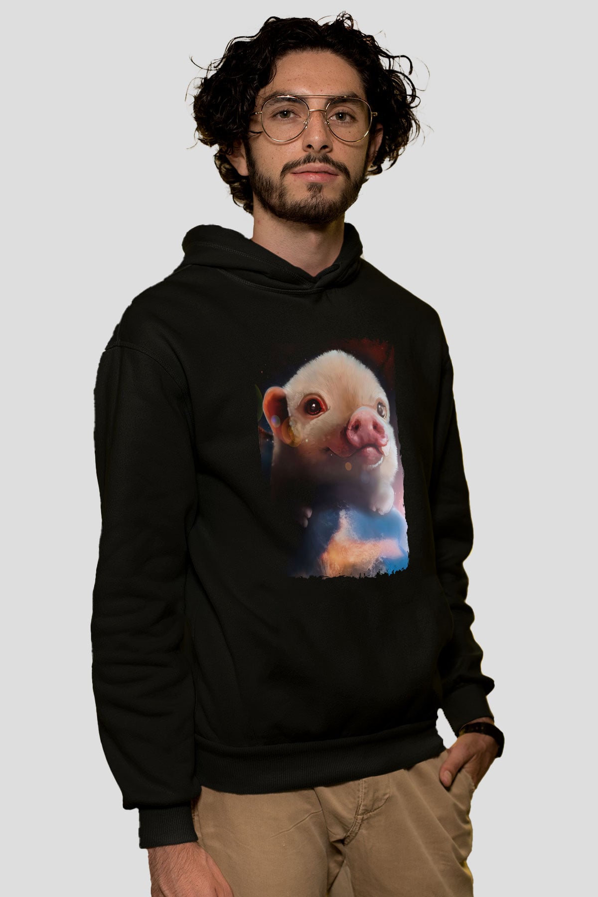 Domuz Siyah Unisex Kapüşonlu Sweatshirt