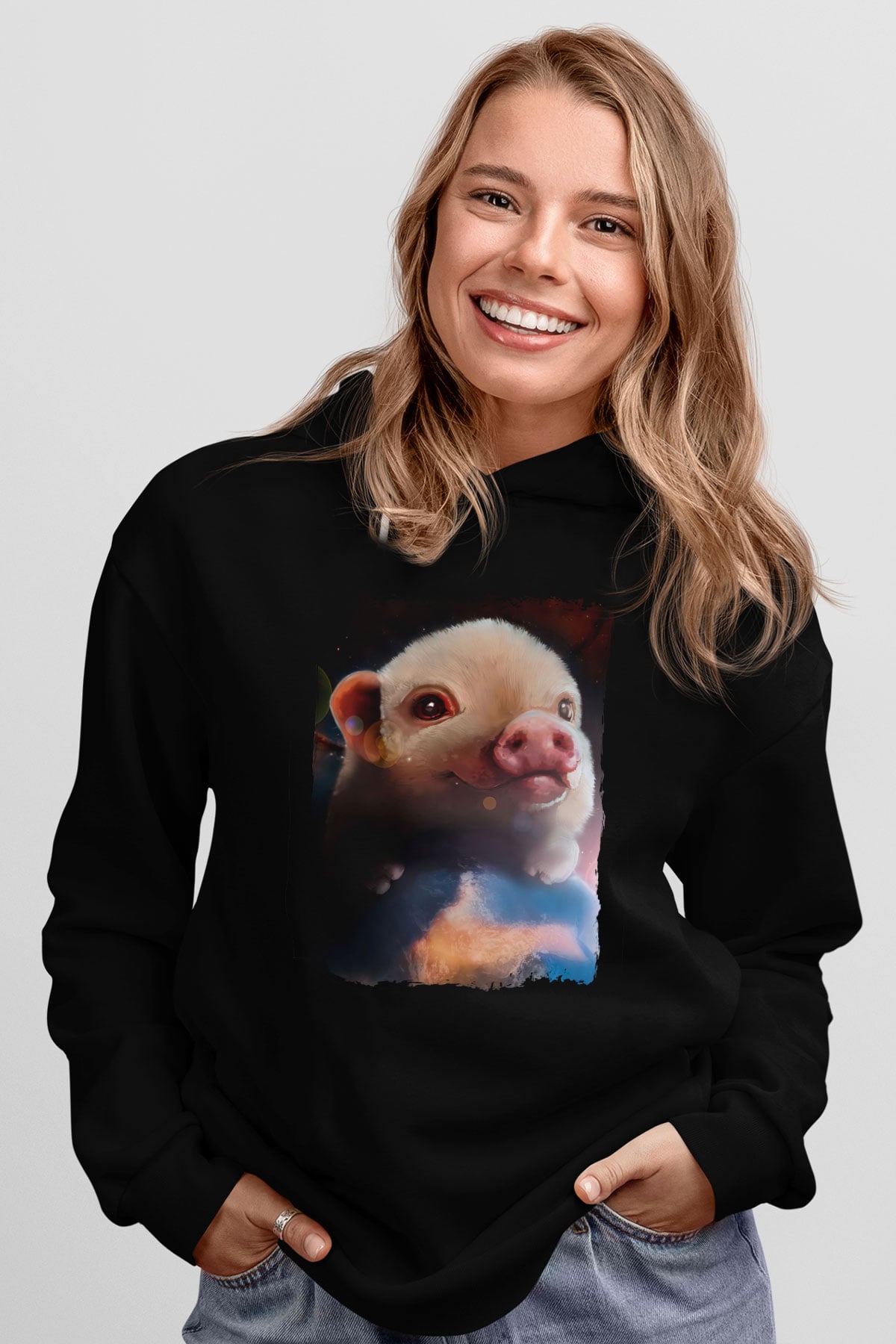 Domuz Siyah Unisex Kapüşonlu Sweatshirt